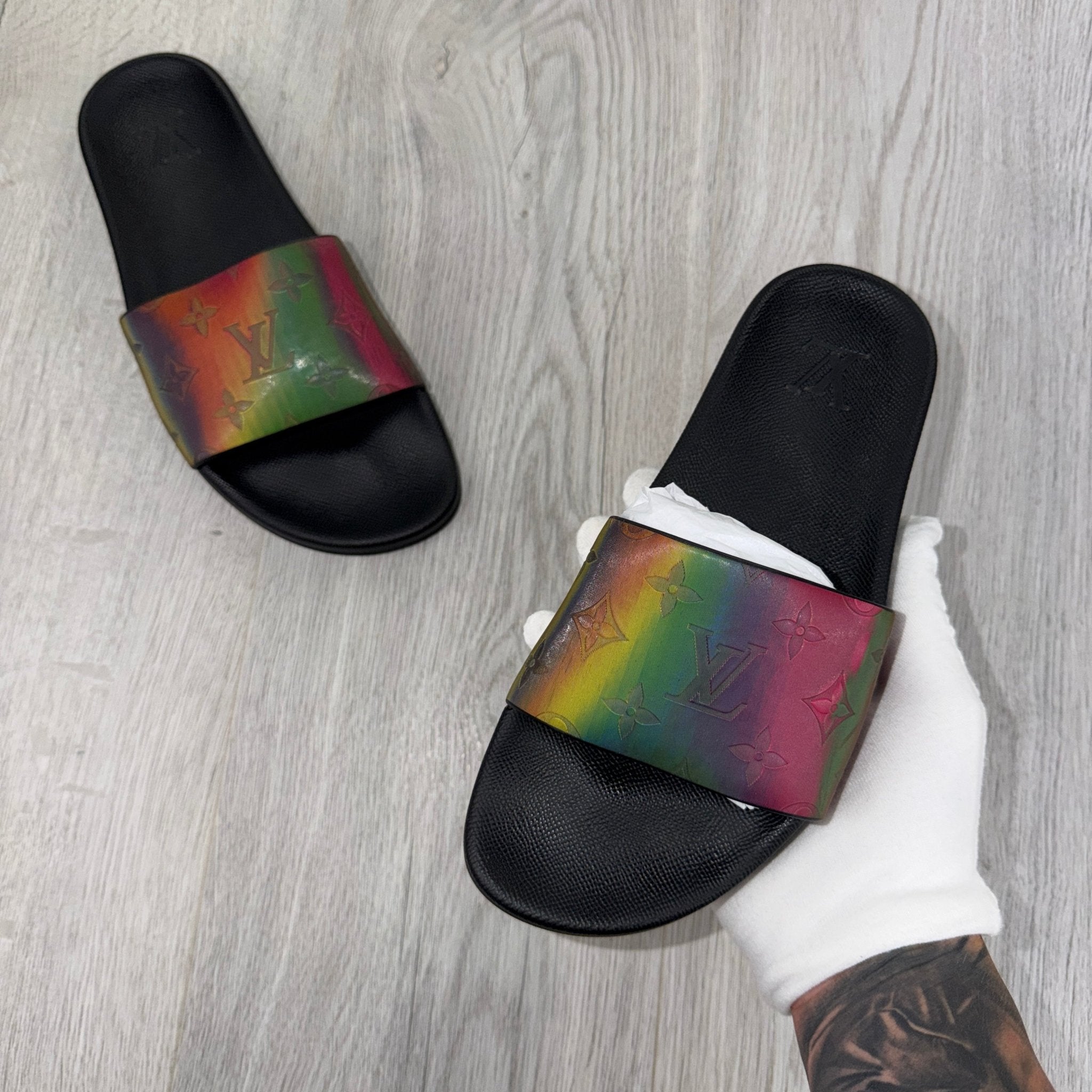 Louis Vuitton Multicolor Iridescent Monogram Rubber Waterfront Sliders - Uk 6 (Fit 7) - Morely TrendsLouis Vuitton Type here:)