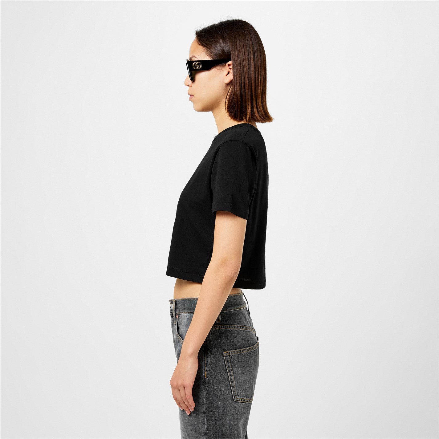 Gucci Cropped T-Shirt With Crystal G Logo Womens