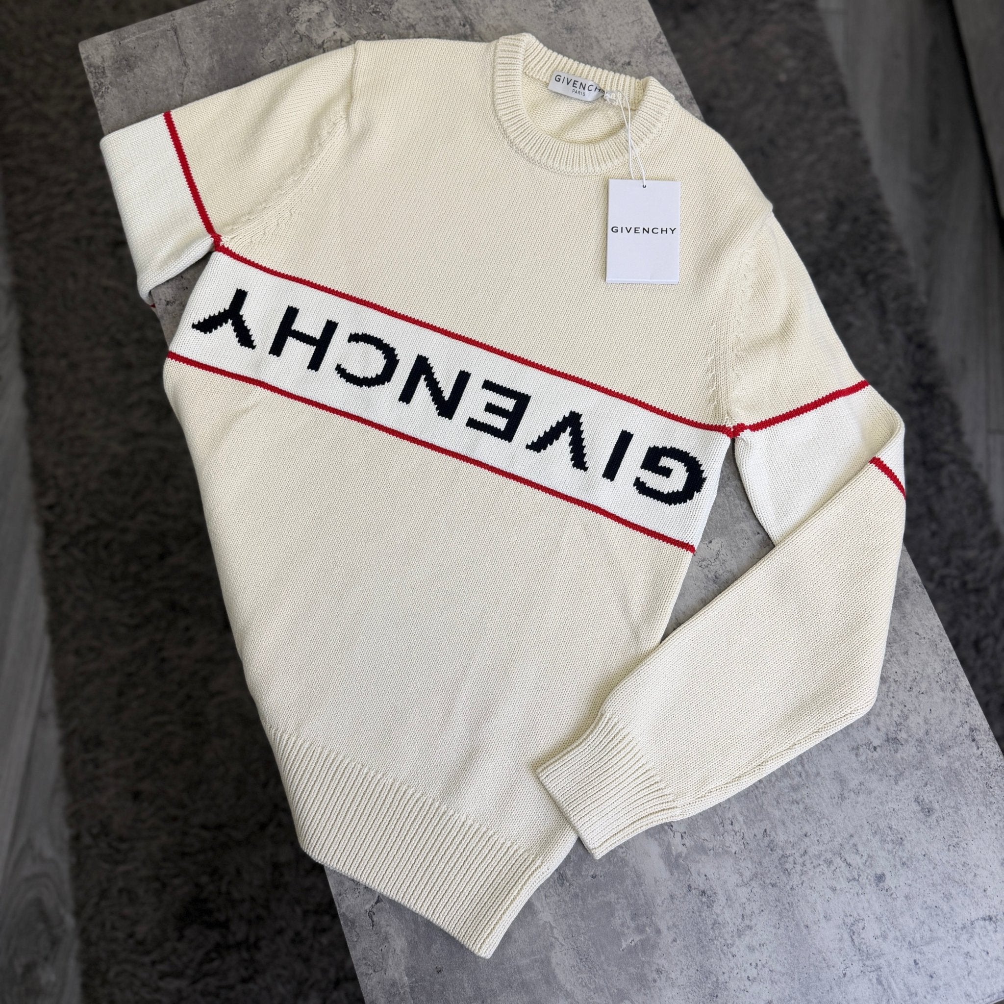 Givenchy Men’s Beige Stripe Logo Knitted Crewneck Jumper - Morely TrendsGivenchy Type here:)