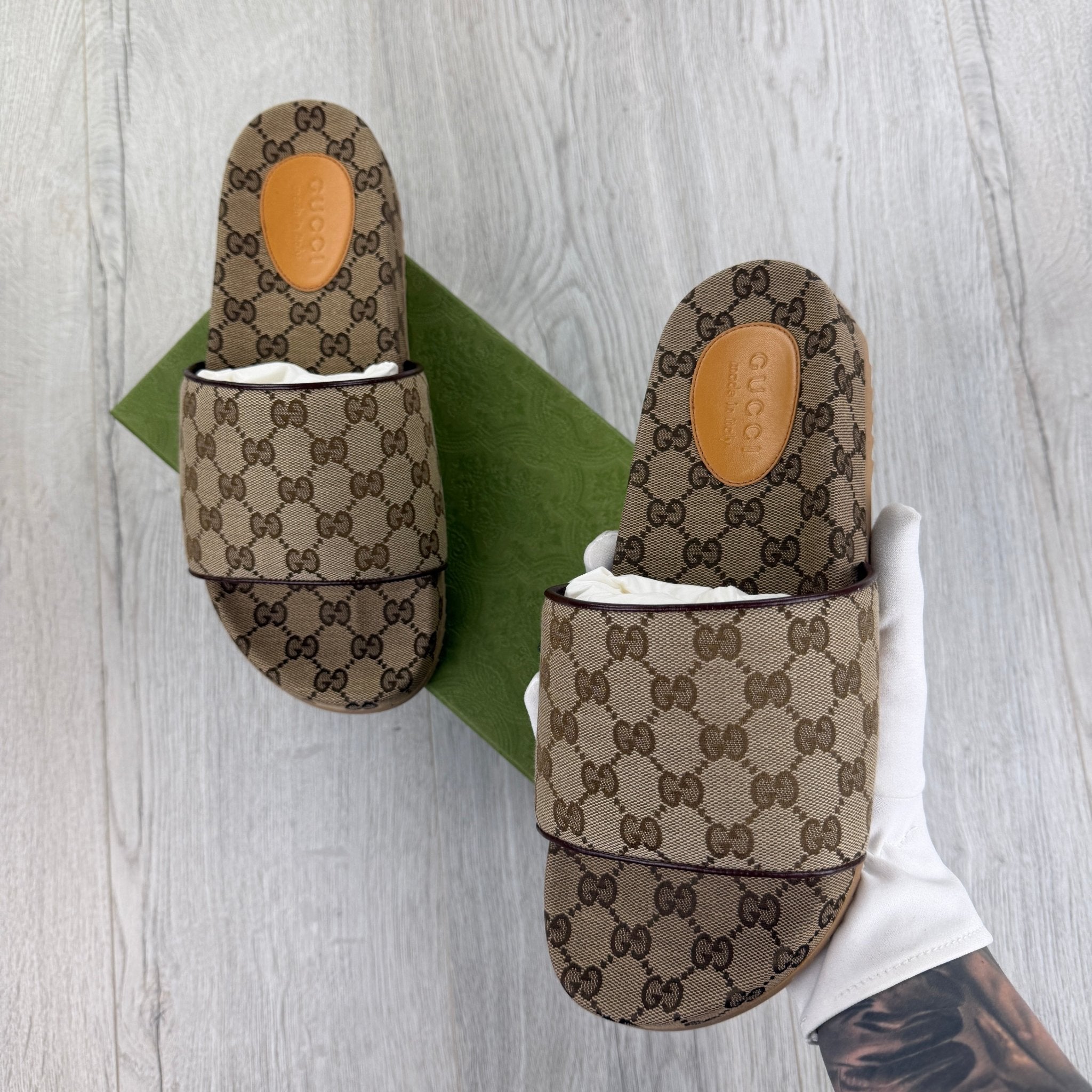 Gucci Men’s Beige GG Canvas Sliders - Morely TrendsGucci Type here:)