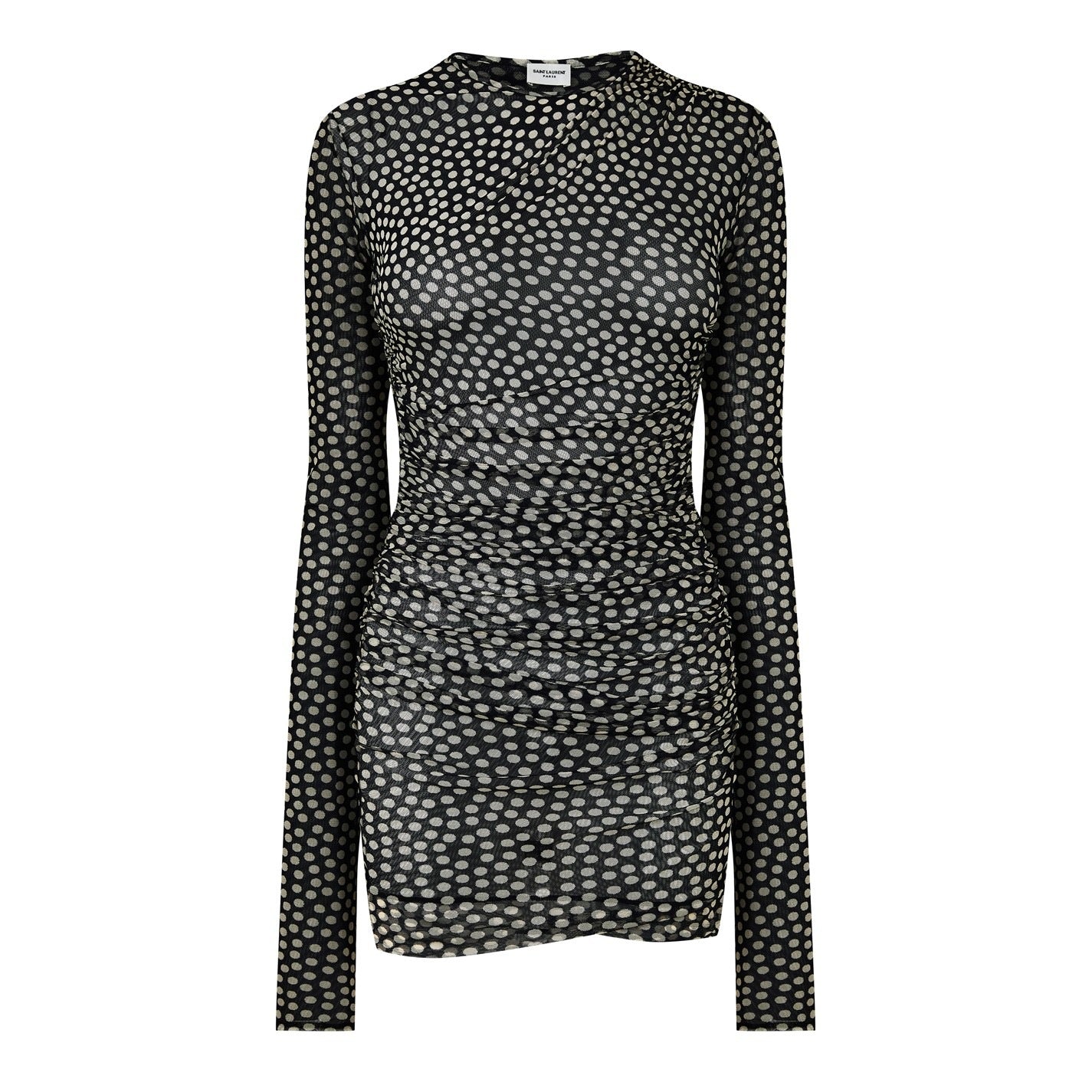 Saint Laurent Polka Dot Ruched Mini Dress