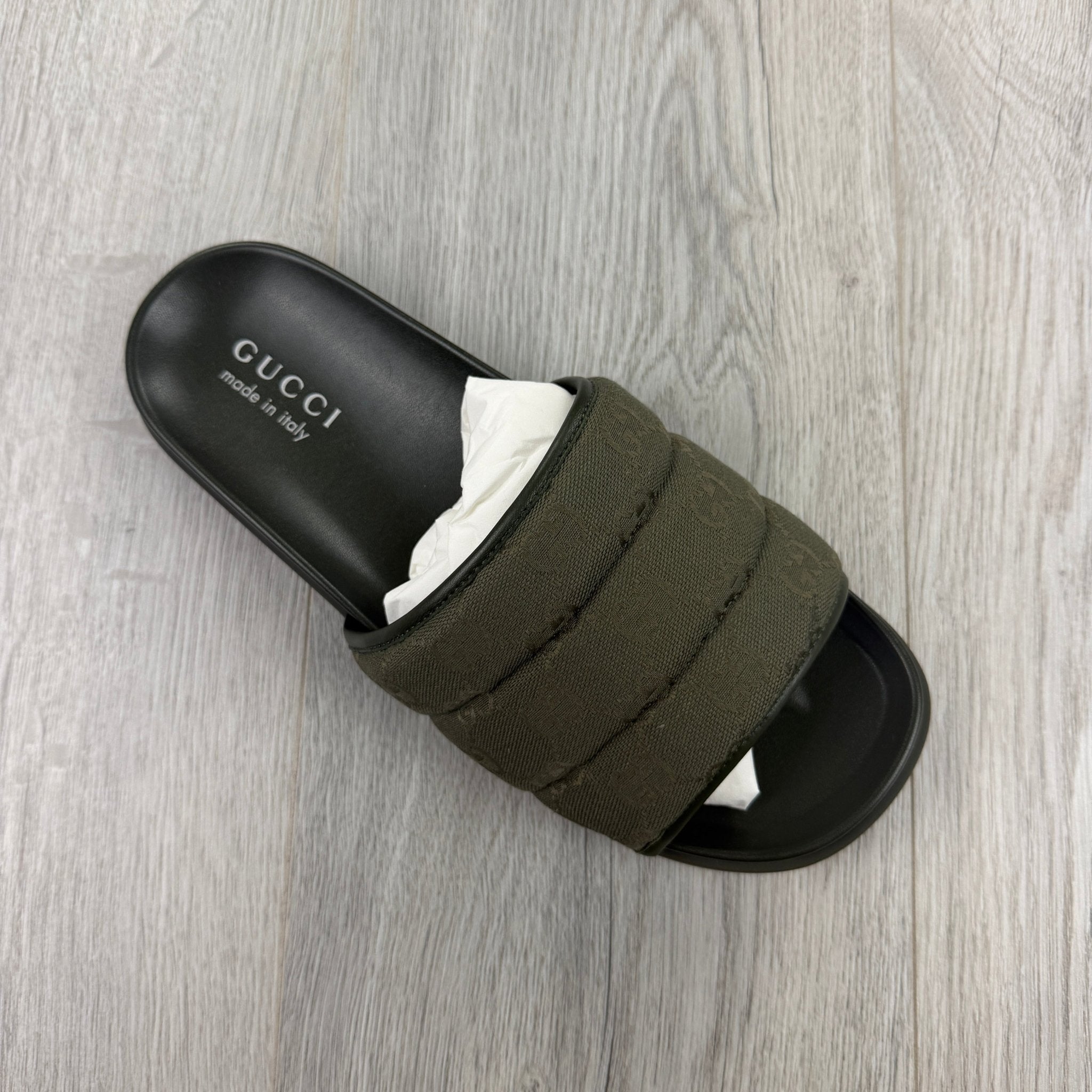 Gucci Men’s Olive Green GG Monogram Canvas Sliders - Morely TrendsGucci Type here:)