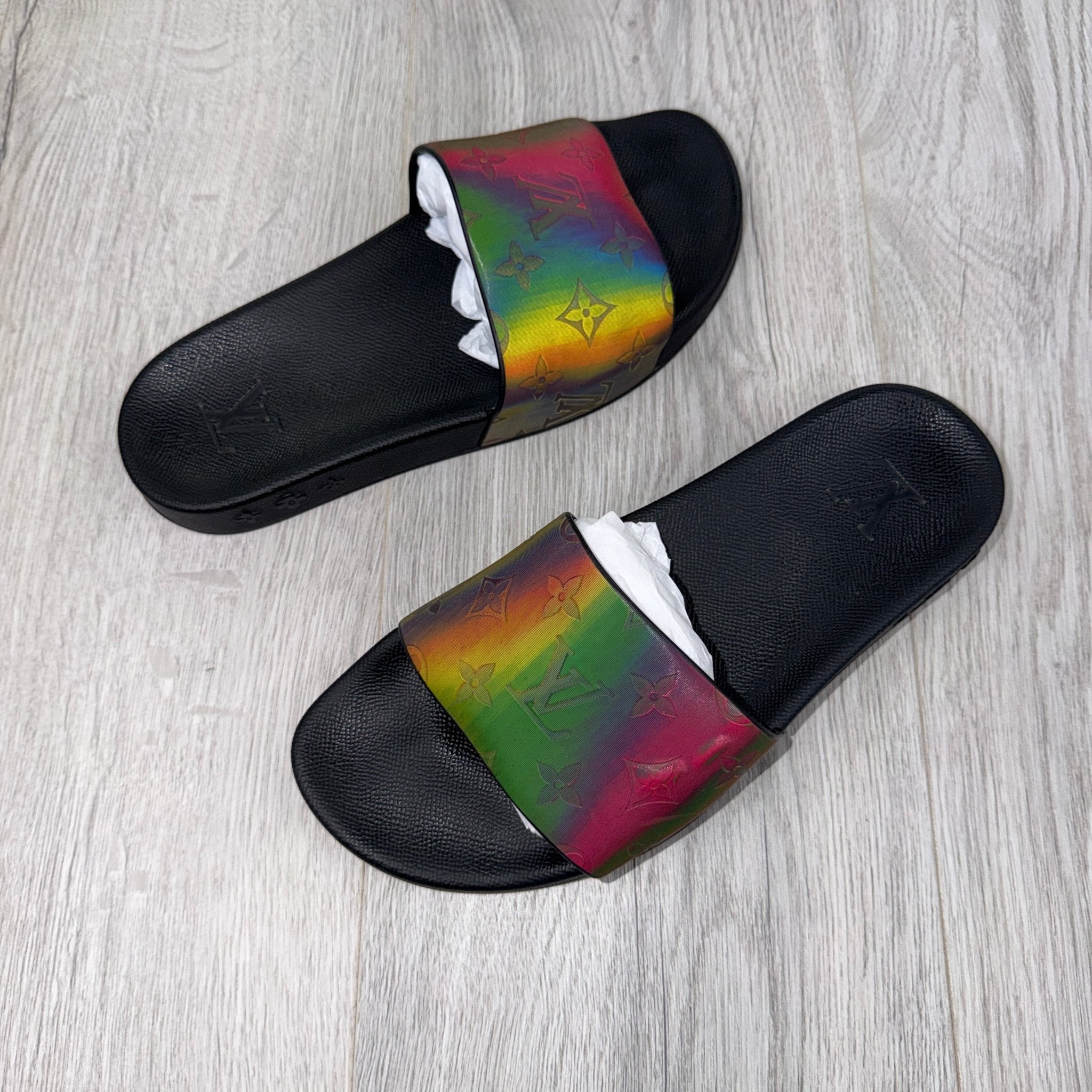 Louis Vuitton Multicolor Iridescent Monogram Rubber Waterfront Sliders - Uk 6 (Fit 7) - Morely TrendsLouis Vuitton Type here:)