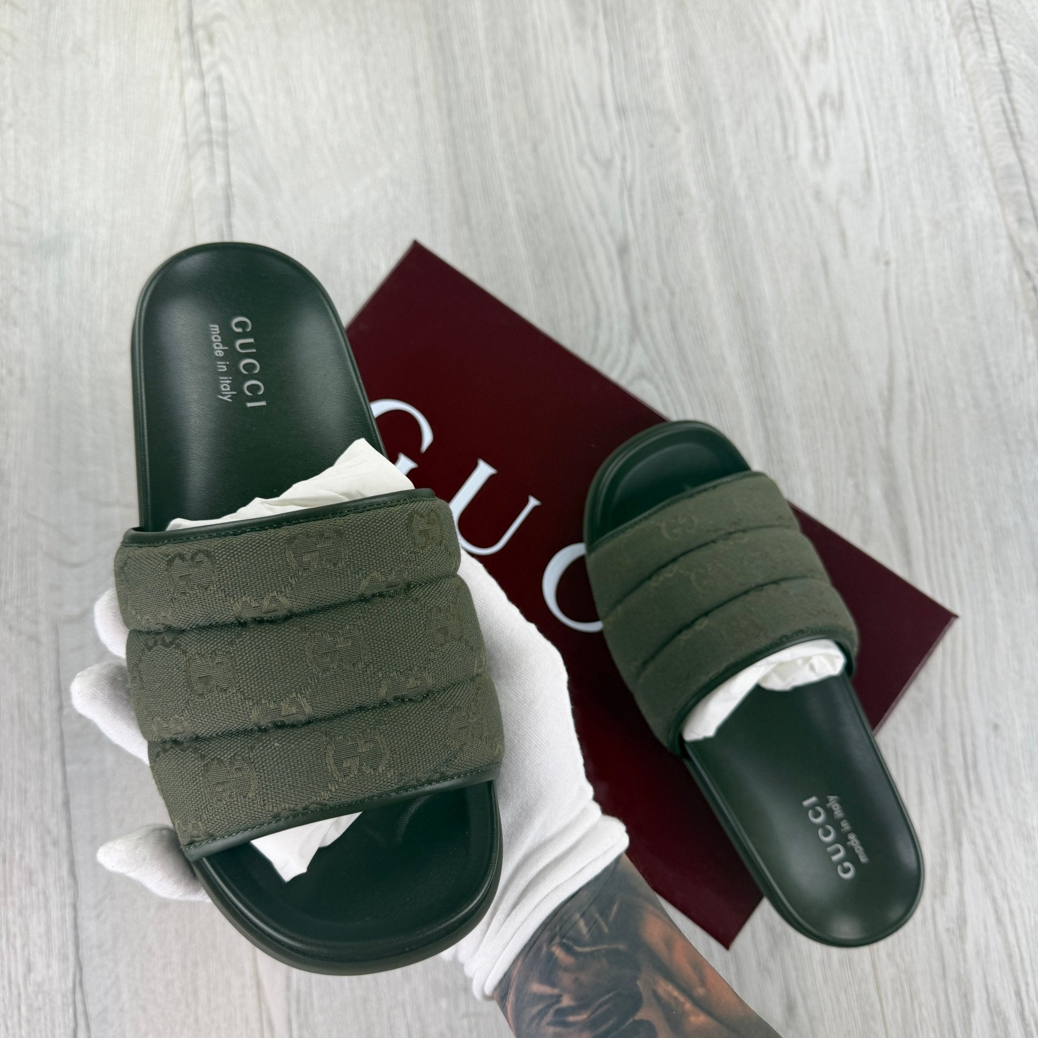 Gucci Men’s Olive Green GG Monogram Canvas Sliders - Morely TrendsGucci Type here:)