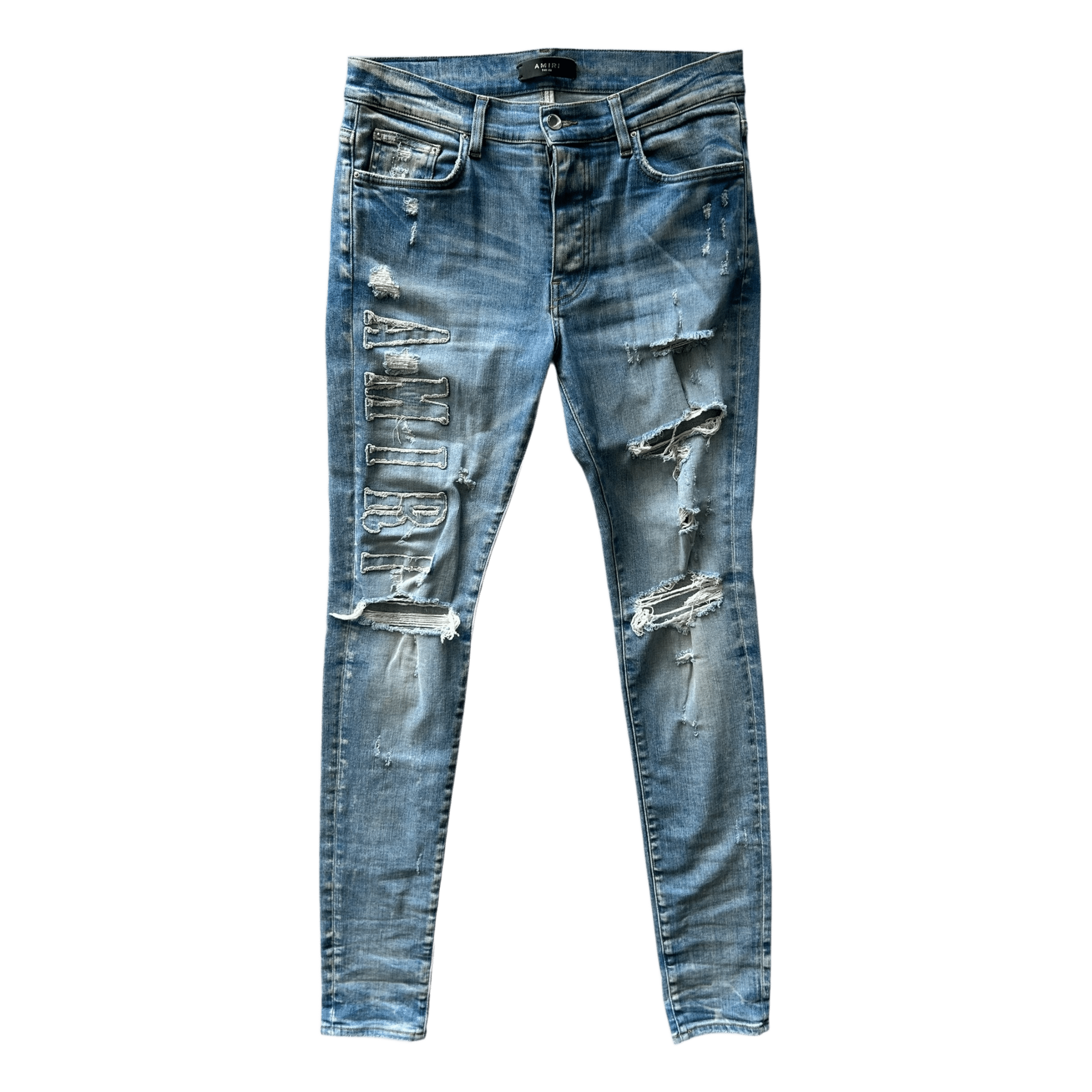 Amiri Blue Denim Core Applique Logo Distressed Jeans - Morely TrendsAmiri Type here:)