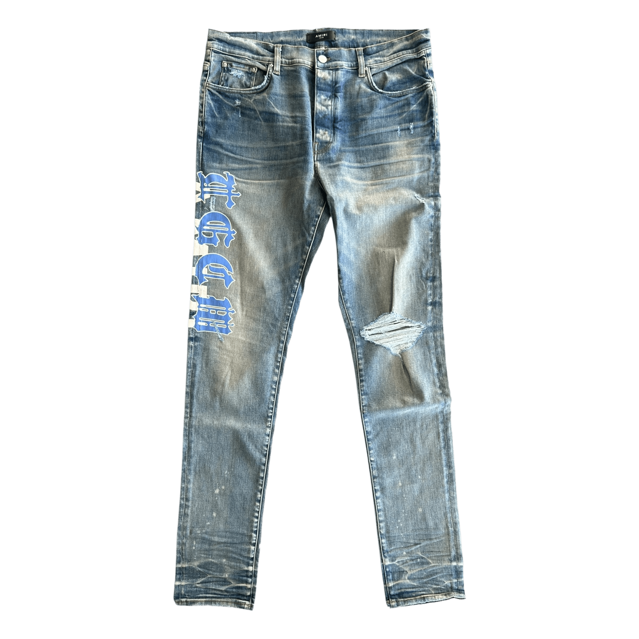 Amiri Clay Indigo & Blue T.G.C.W Distressed Logo Jeans - Morely TrendsAmiri Type here:)