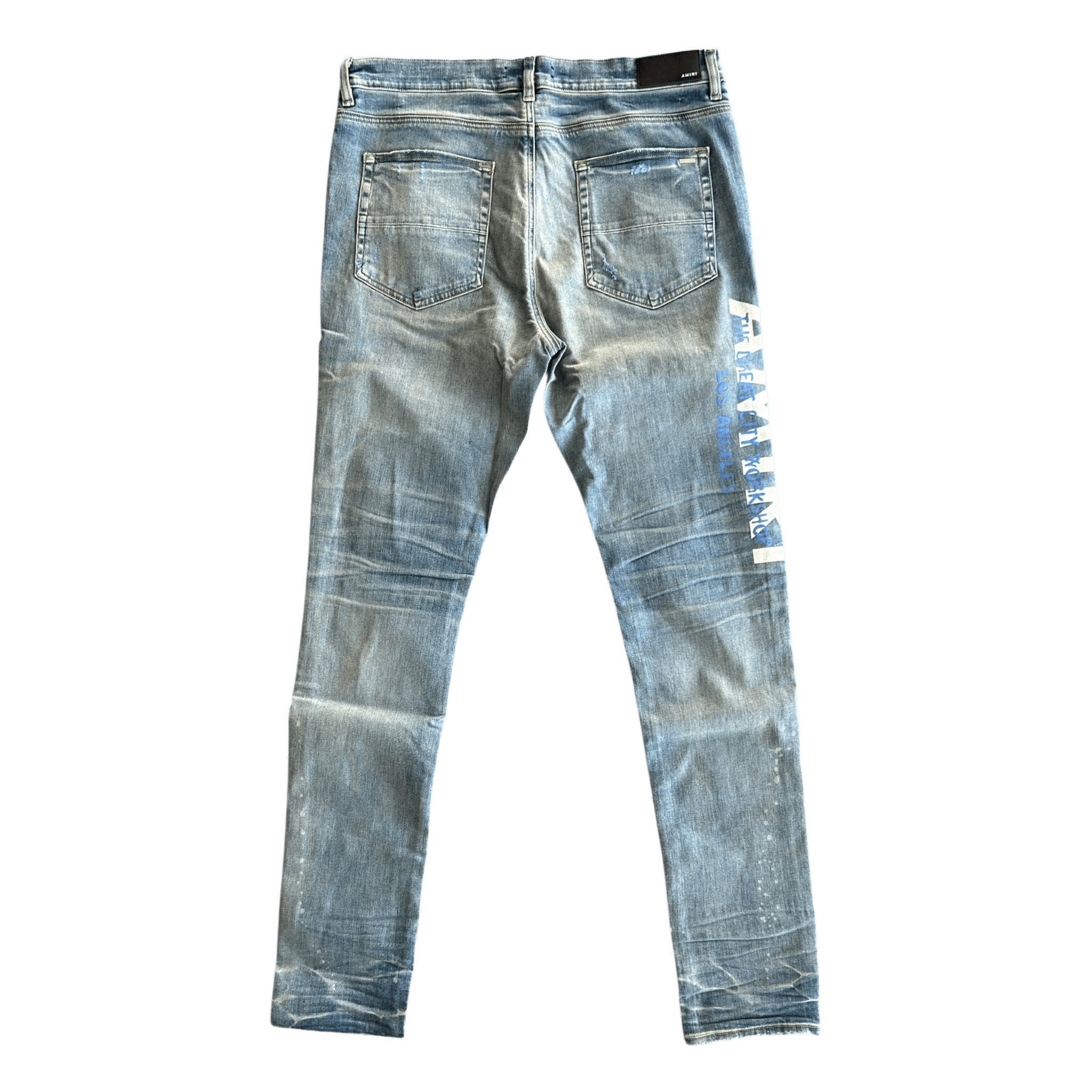 Amiri Clay Indigo & Blue T.G.C.W Distressed Logo Jeans - Morely TrendsAmiri Type here:)
