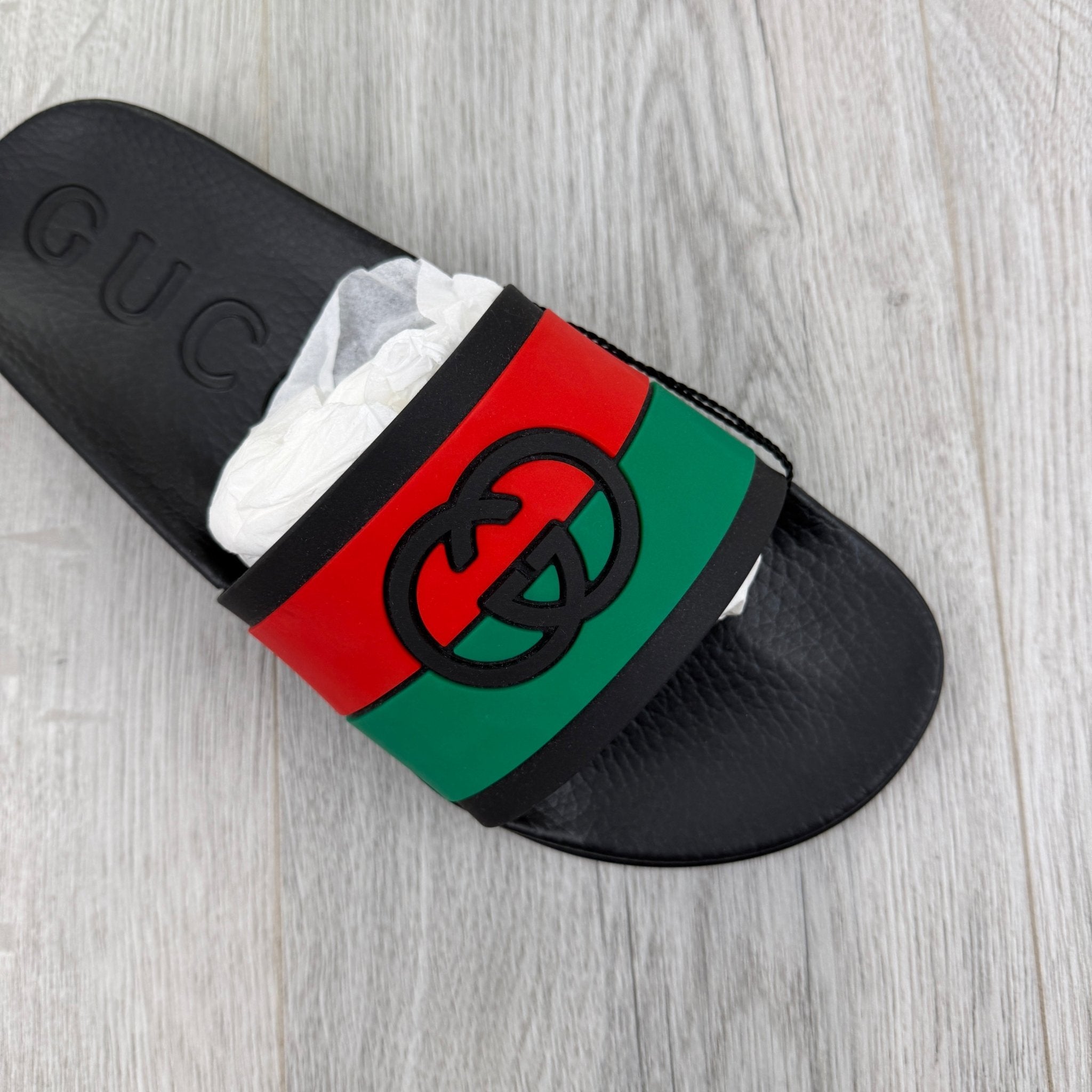 Gucci Men’s Black GG Interlocking Pool Sliders - Morely TrendsGucci Type here:)
