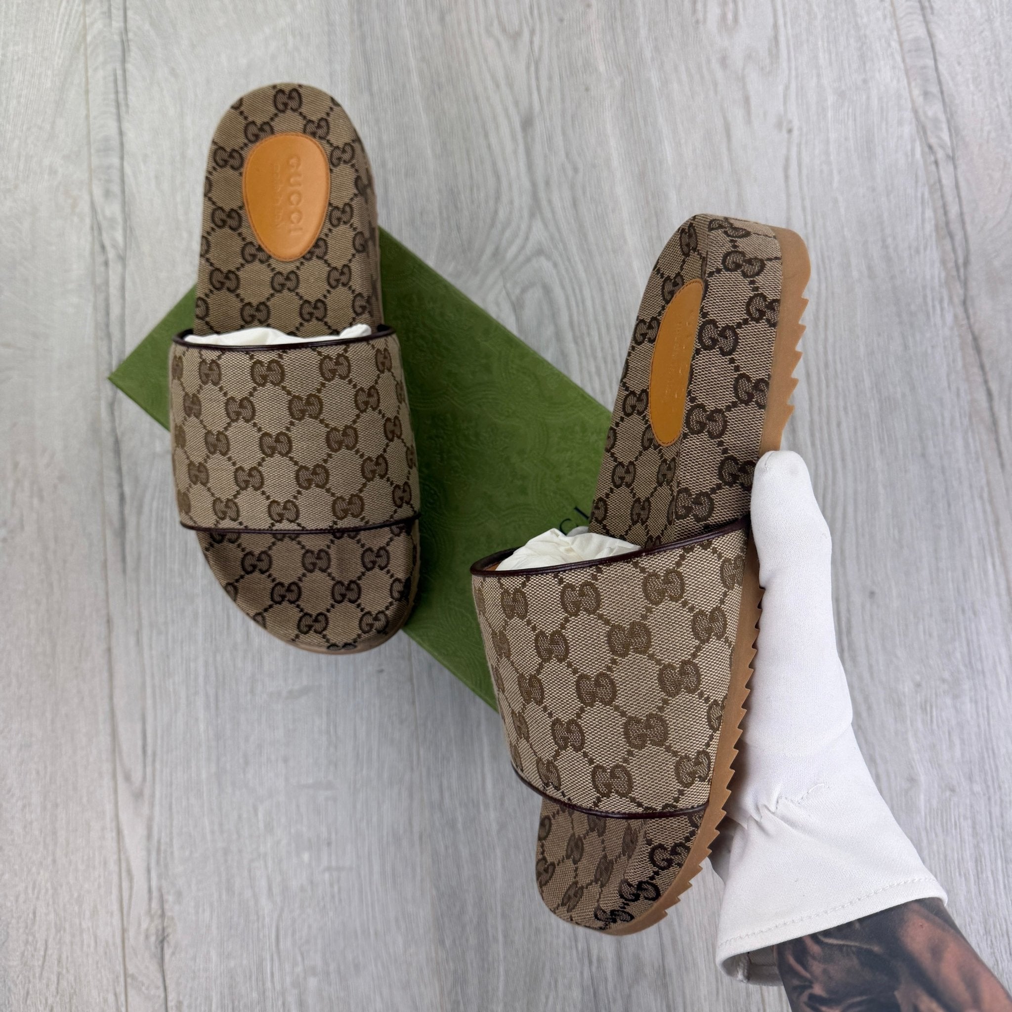 Gucci Men’s Beige GG Canvas Sliders - Morely TrendsGucci Type here:)