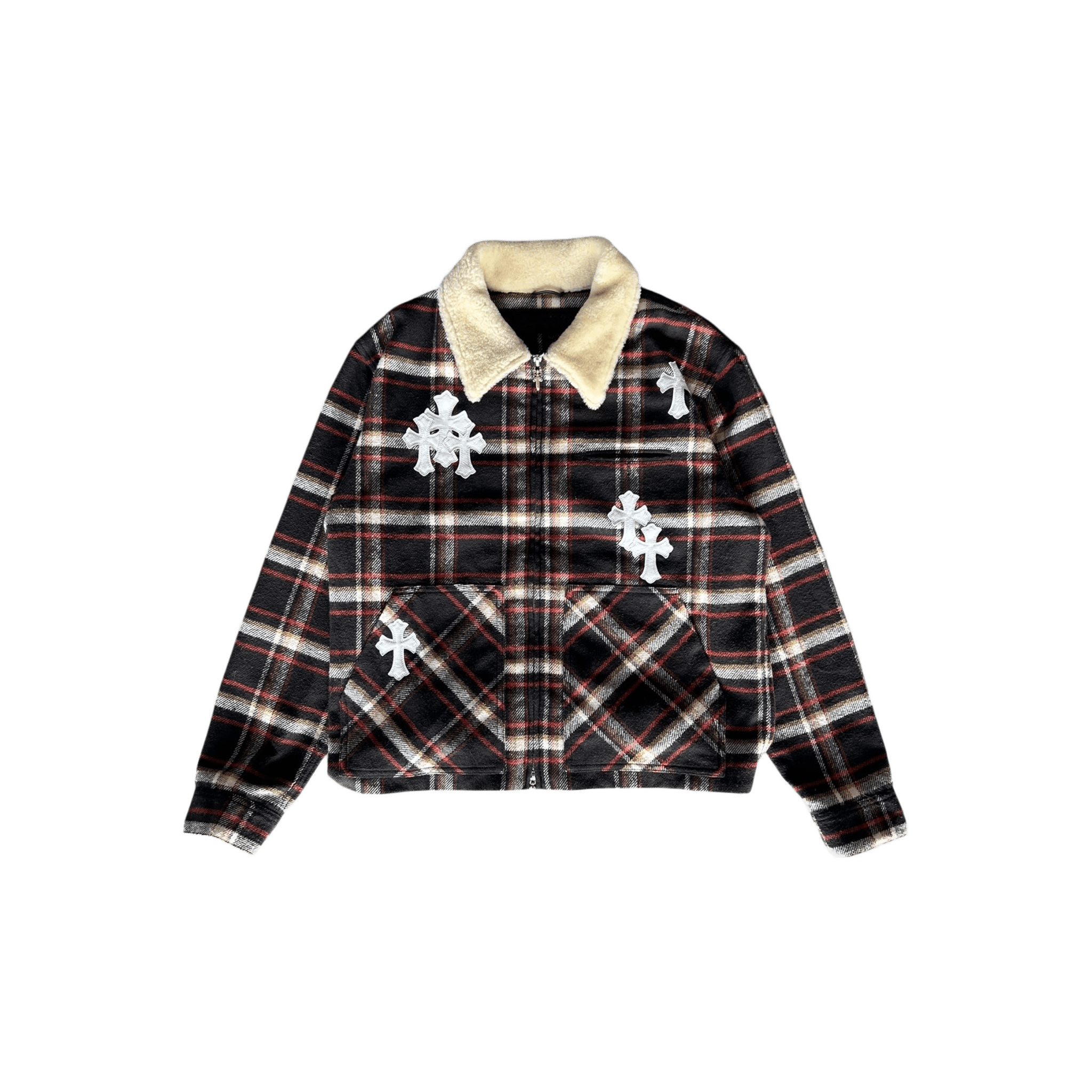 Chrome Hearts Black & Red Cross Patch Plaid Sherpa Jacket - Morely TrendsChrome Hearts Type here:)