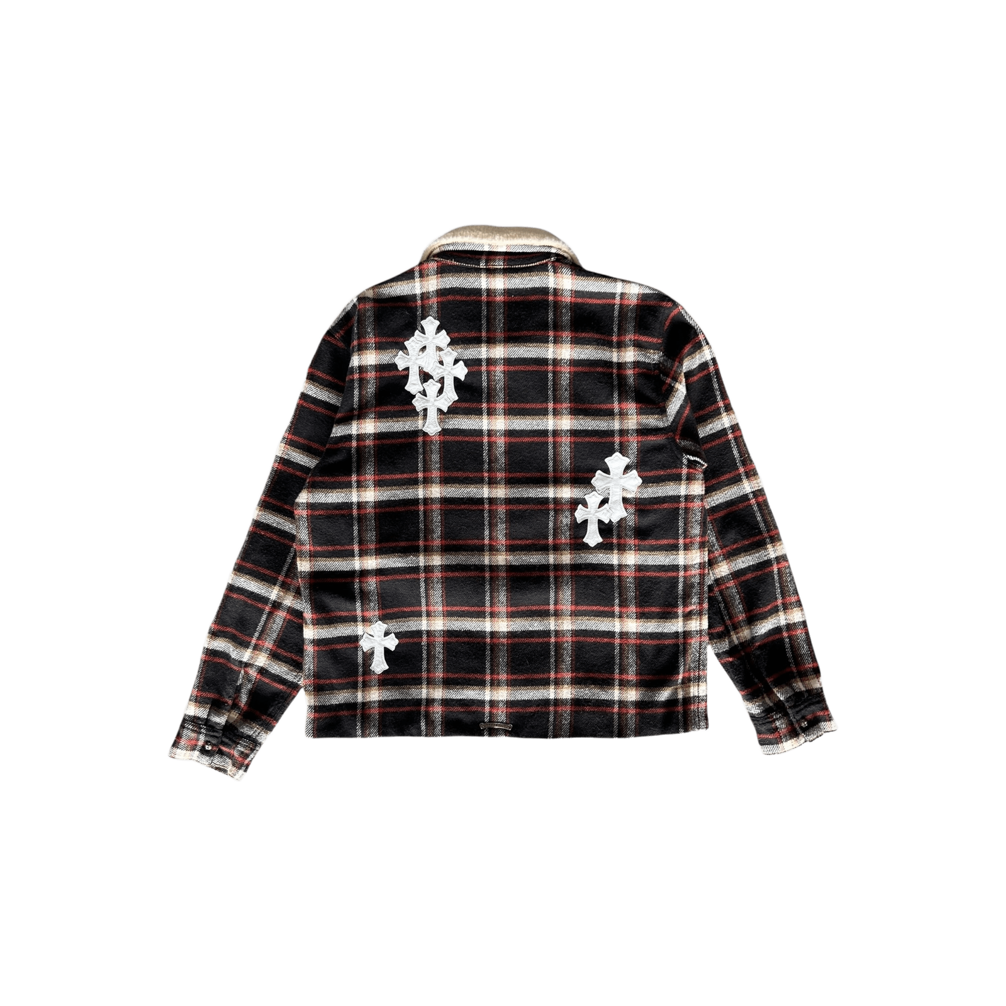 Chrome Hearts Black & Red Cross Patch Plaid Sherpa Jacket - Morely TrendsChrome Hearts Type here:)
