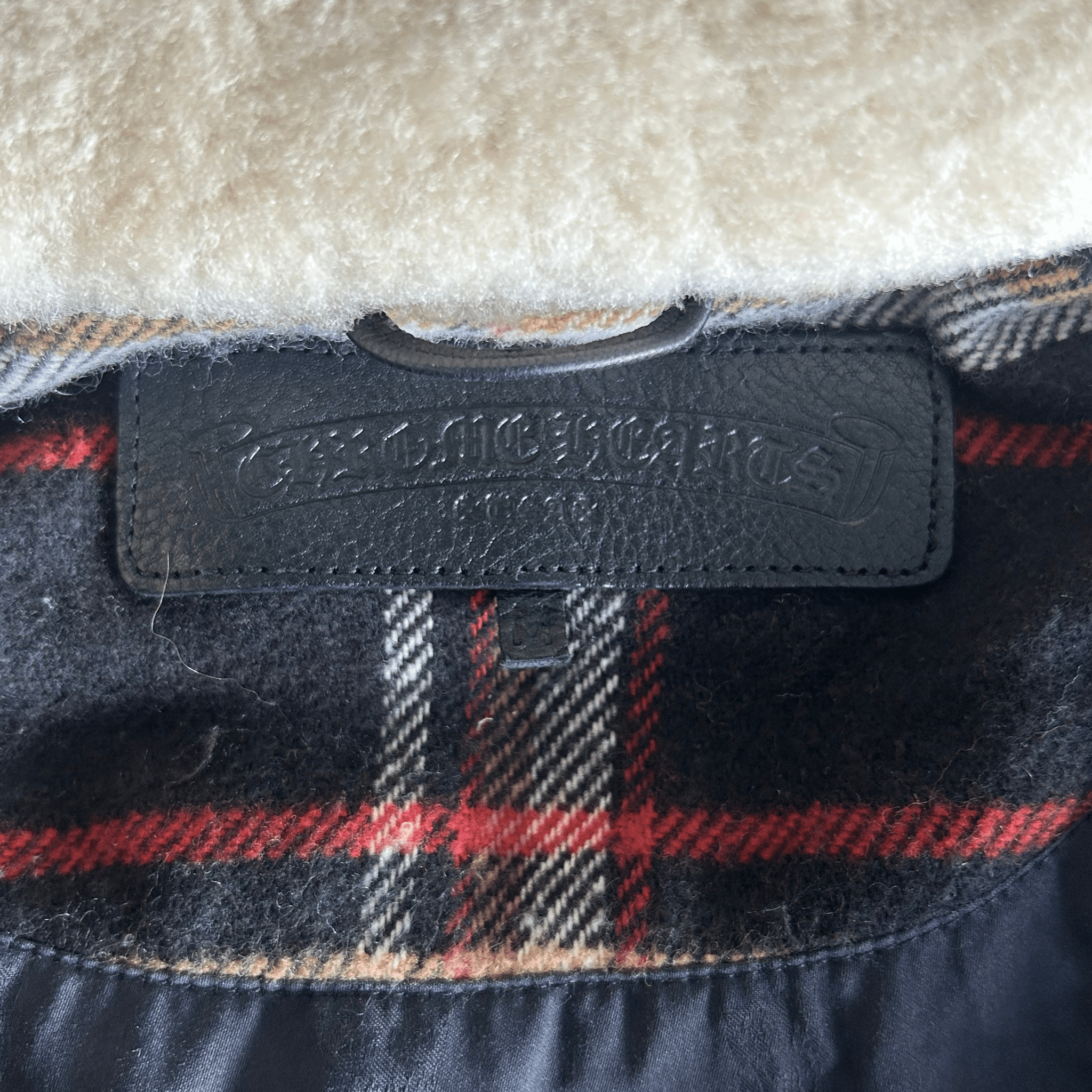 Chrome Hearts Black & Red Cross Patch Plaid Sherpa Jacket - Morely TrendsChrome Hearts Type here:)