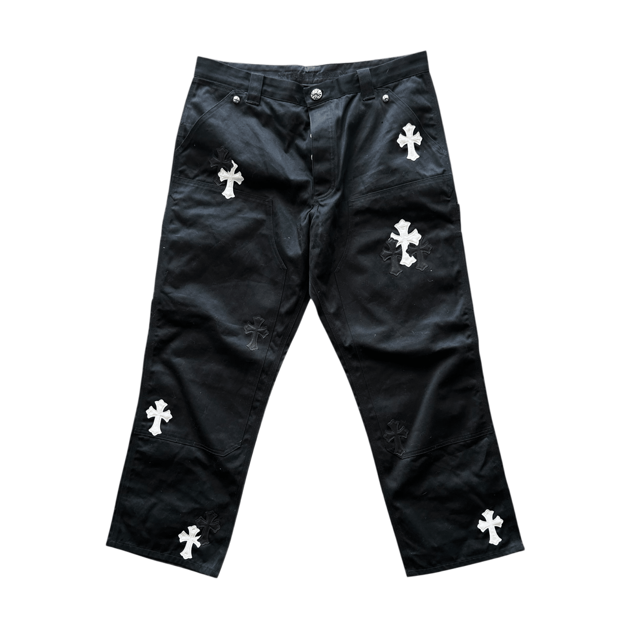 Chrome Hearts Black & White Cross Patch Carpenter Pants - Morely TrendsChrome Hearts Type here:)