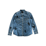 Chrome Hearts Blue & Black Cross Patch Denim Button Up Shirt - Morely TrendsChrome Hearts Type here:)