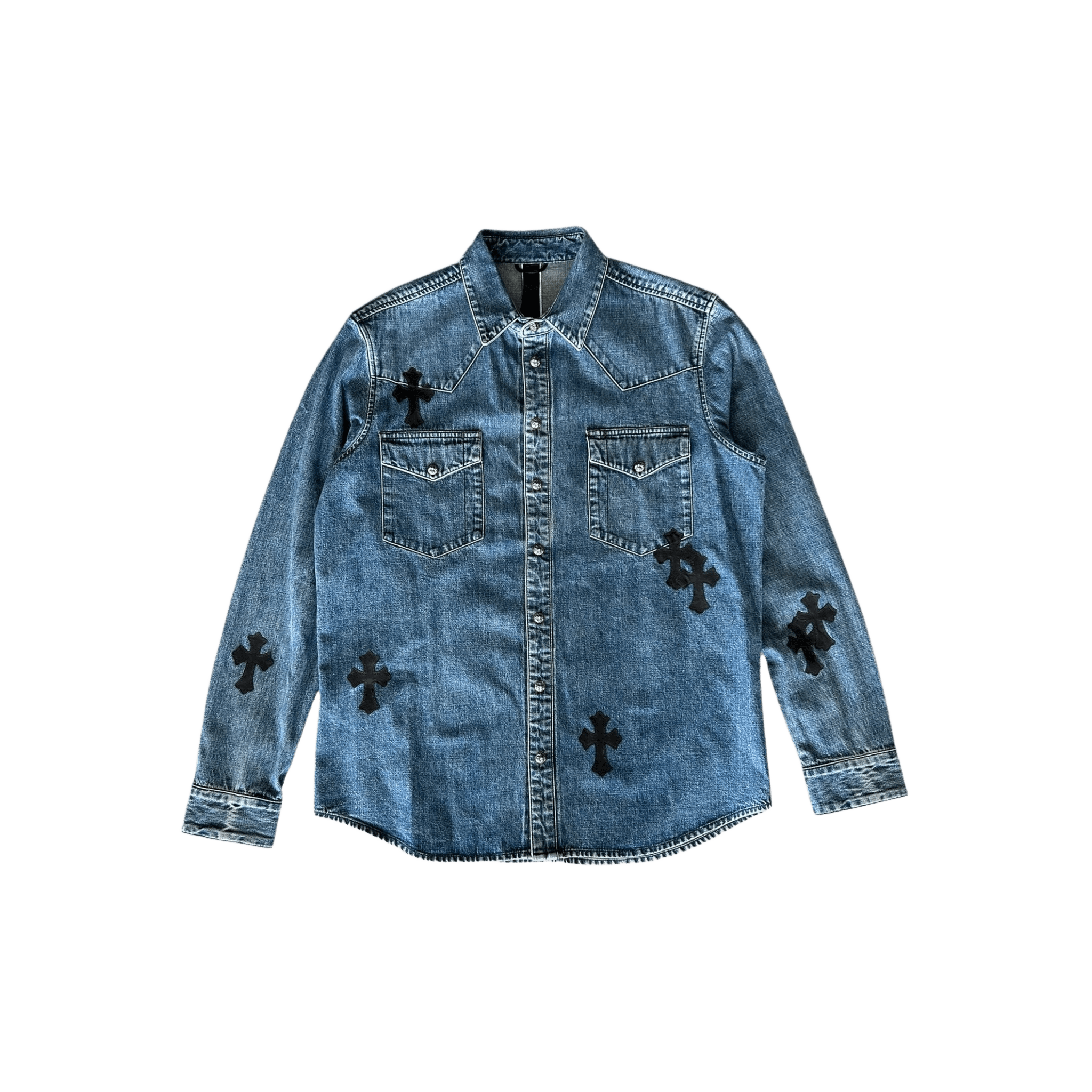 Chrome Hearts Blue & Black Cross Patch Denim Button Up Shirt - Morely TrendsChrome Hearts Type here:)