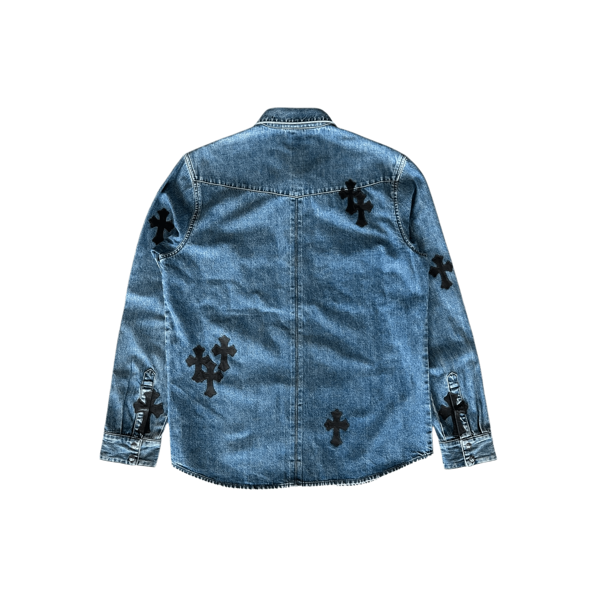 Chrome Hearts Blue & Black Cross Patch Denim Button Up Shirt - Morely TrendsChrome Hearts Type here:)