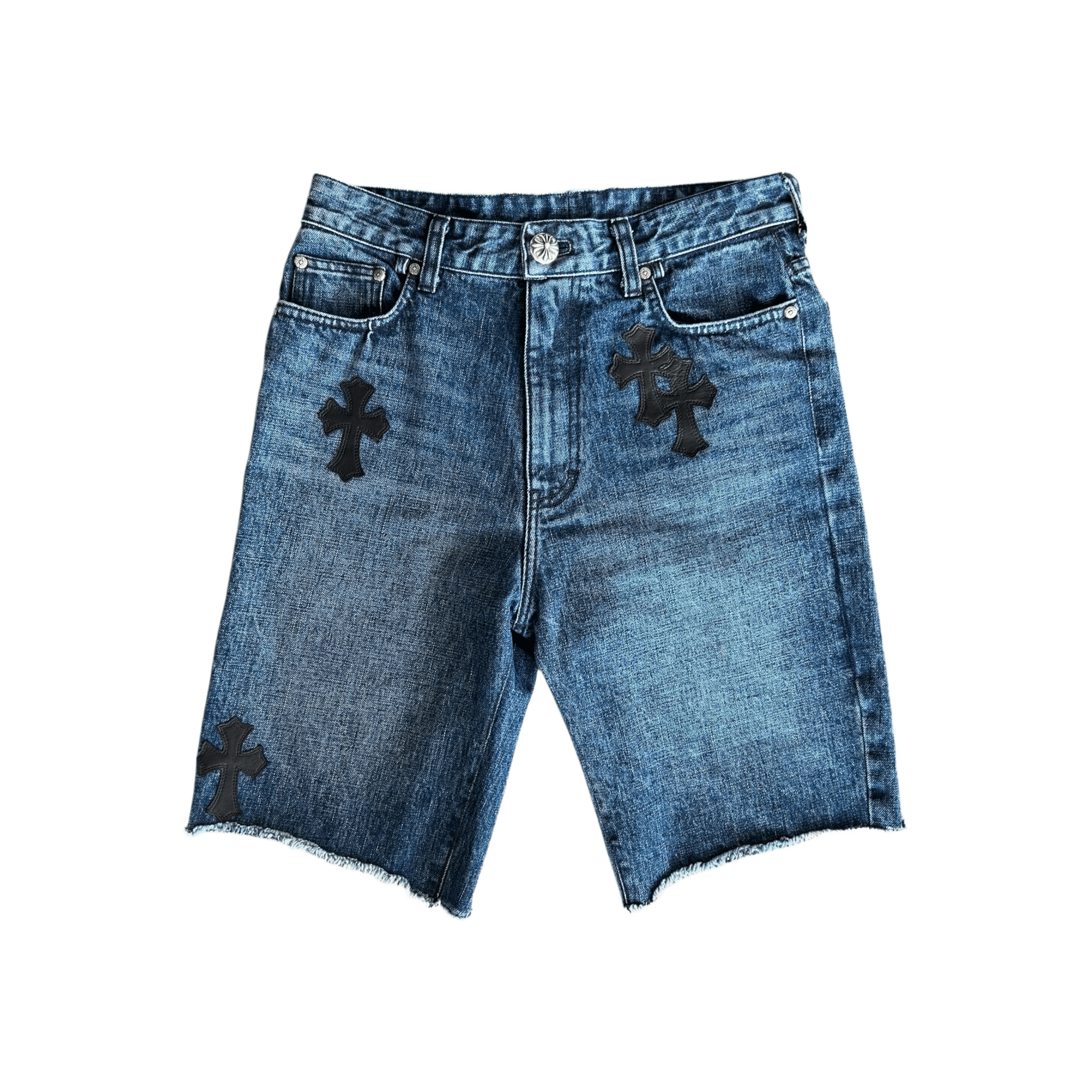 Chrome Hearts Blue & Black Cross Patch Denim Shorts - Morely TrendsChrome Hearts Type here:)