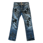 Chrome Hearts Blue & Black Cross Patch Jeans - Morely TrendsChrome Hearts Type here:)