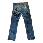 Chrome Hearts Blue & Black Cross Patch Jeans - Morely TrendsChrome Hearts Type here:)