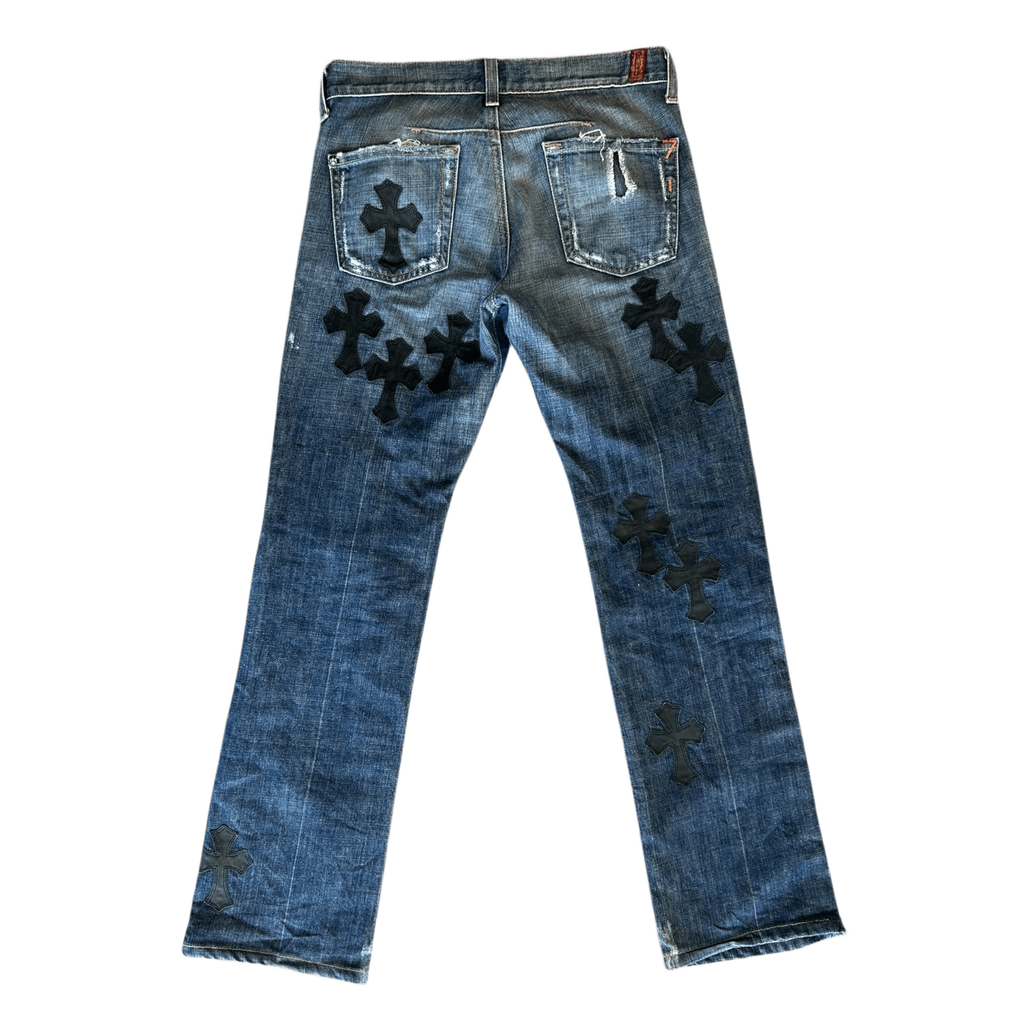 Chrome Hearts Blue & Black Cross Patch Jeans - Morely TrendsChrome Hearts Type here:)