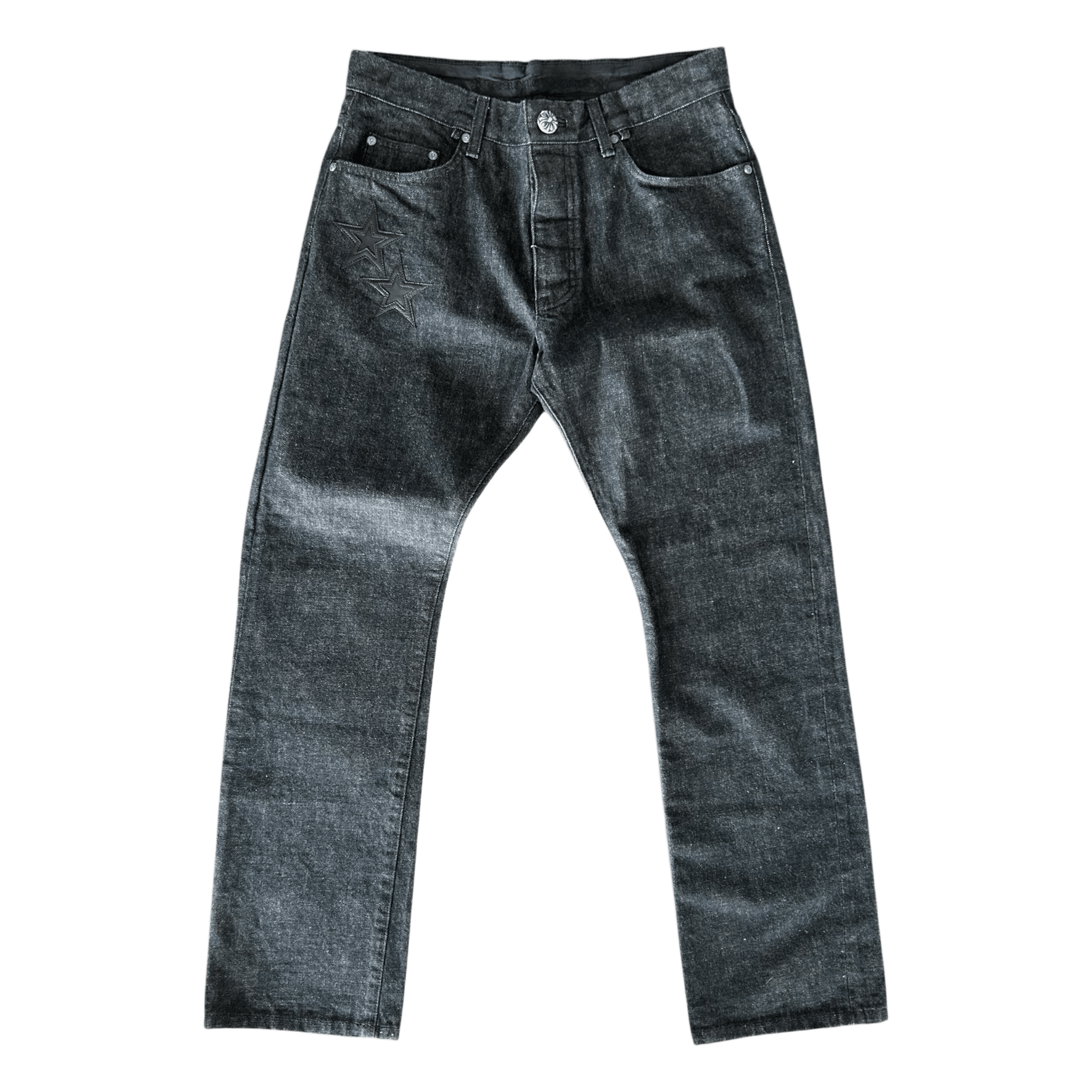 Chrome Hearts Grey & Black Star Patch Fleur Knee Jeans - Morely TrendsChrome Hearts Type here:)