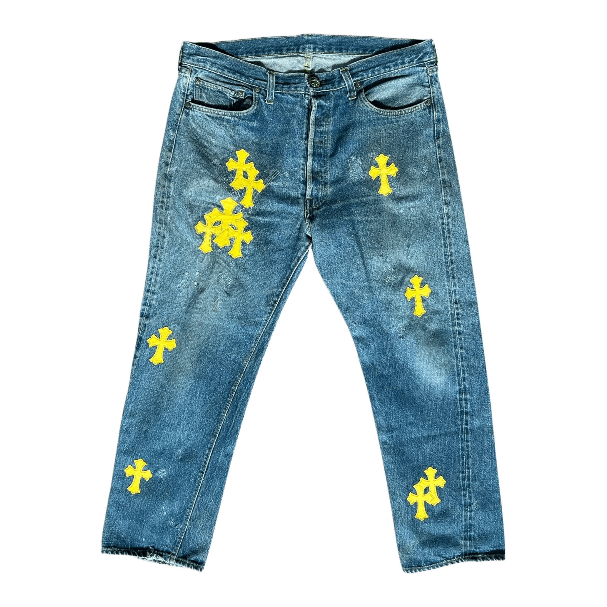 Chrome Hearts Levi's Blue & Yellow Cross Patch Jeans - Morely TrendsChrome Hearts Type here:)