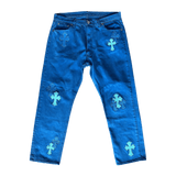 Chrome Hearts Levi's London Exclusive Blue Dyed Cross Patch Jeans - Morely TrendsChrome Hearts Type here:)