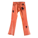 Chrome Hearts Orange & Black Cross Patch Flared Jeans - Morely TrendsChrome Hearts Type here:)