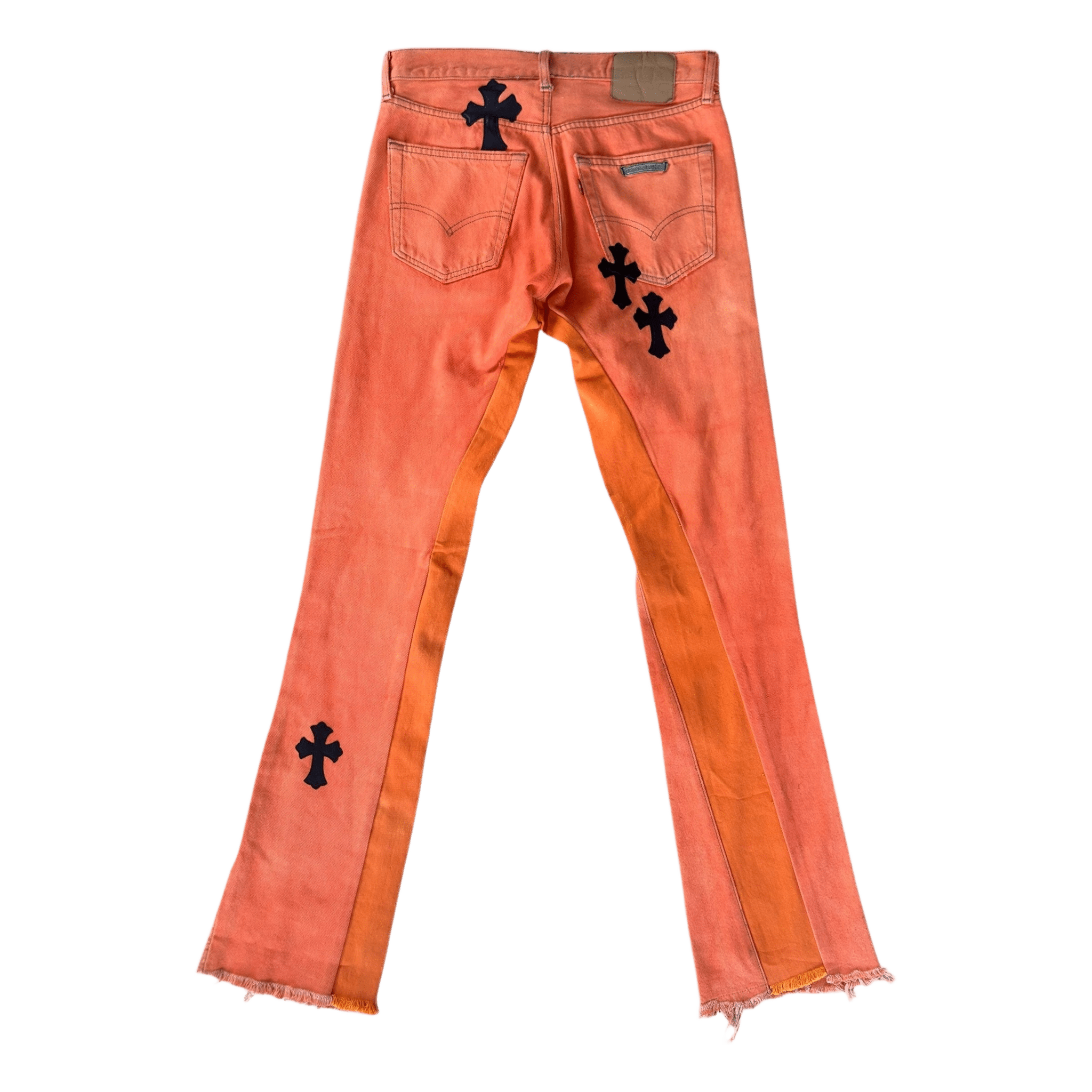 Chrome Hearts Orange & Black Cross Patch Flared Jeans - Morely TrendsChrome Hearts Type here:)