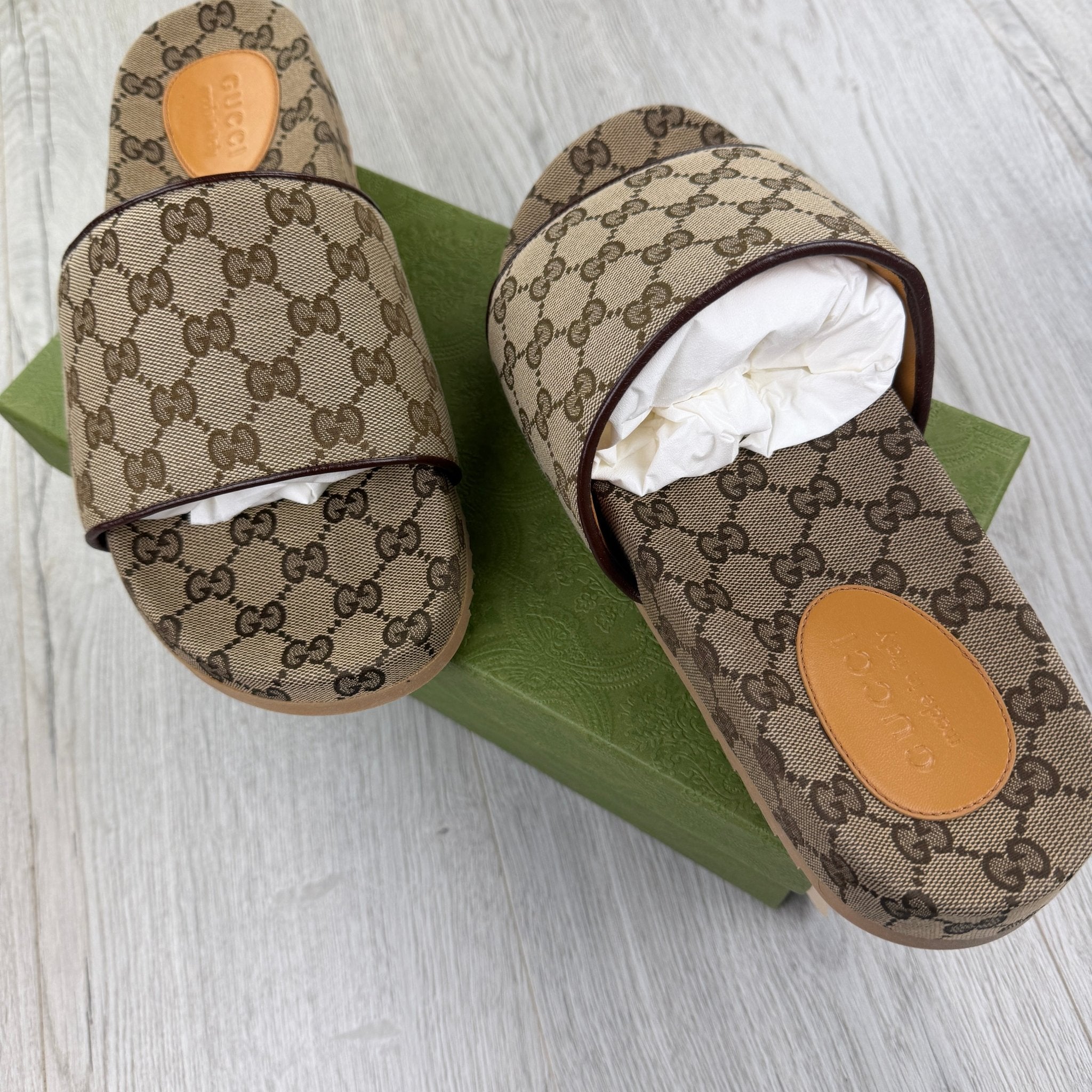 Gucci Men’s Beige GG Canvas Sliders - Morely TrendsGucci Type here:)