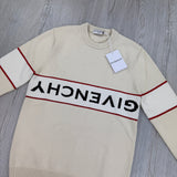 Givenchy Men’s Beige Stripe Logo Knitted Crewneck Jumper