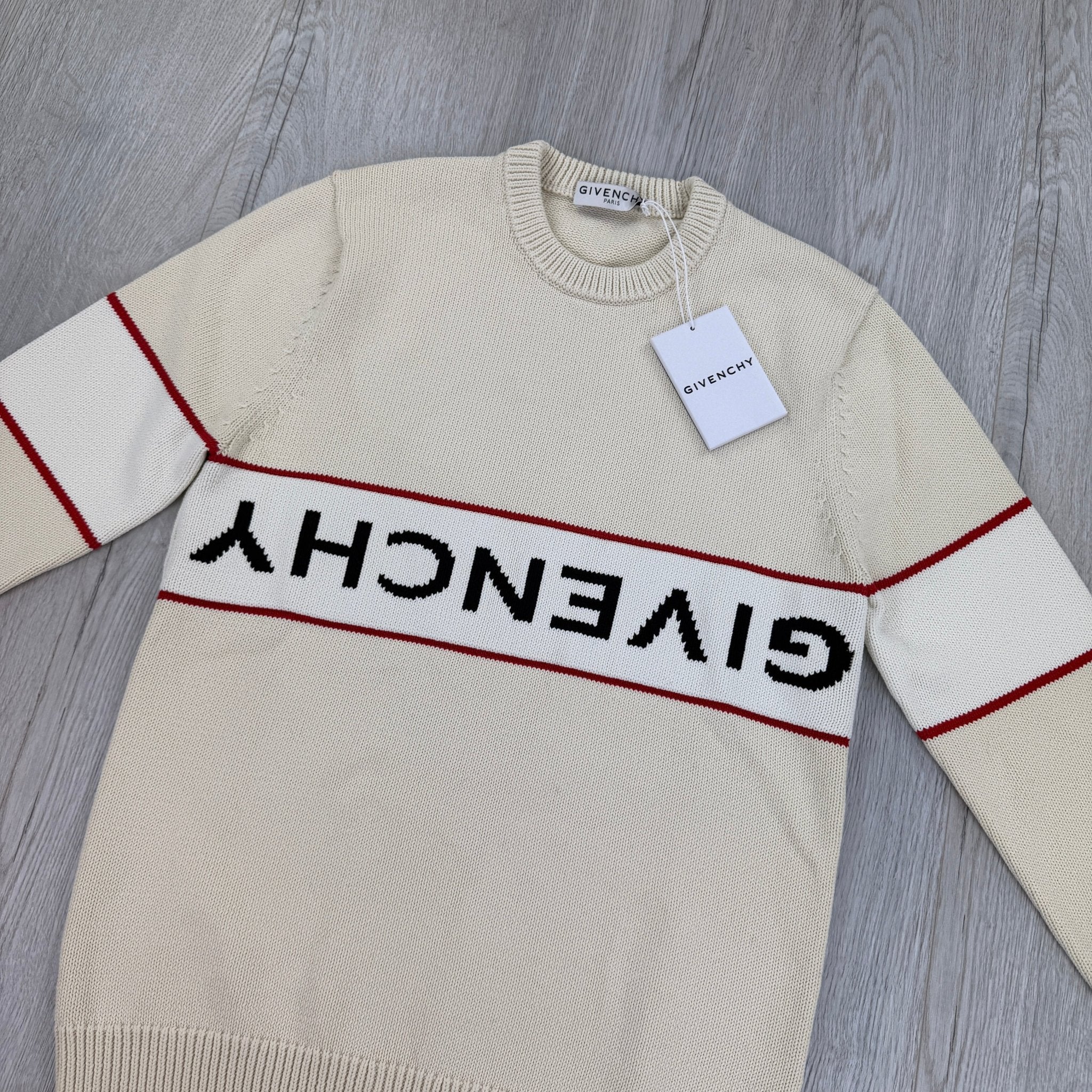 Givenchy Men’s Beige Stripe Logo Knitted Crewneck Jumper - Morely TrendsGivenchy Type here:)