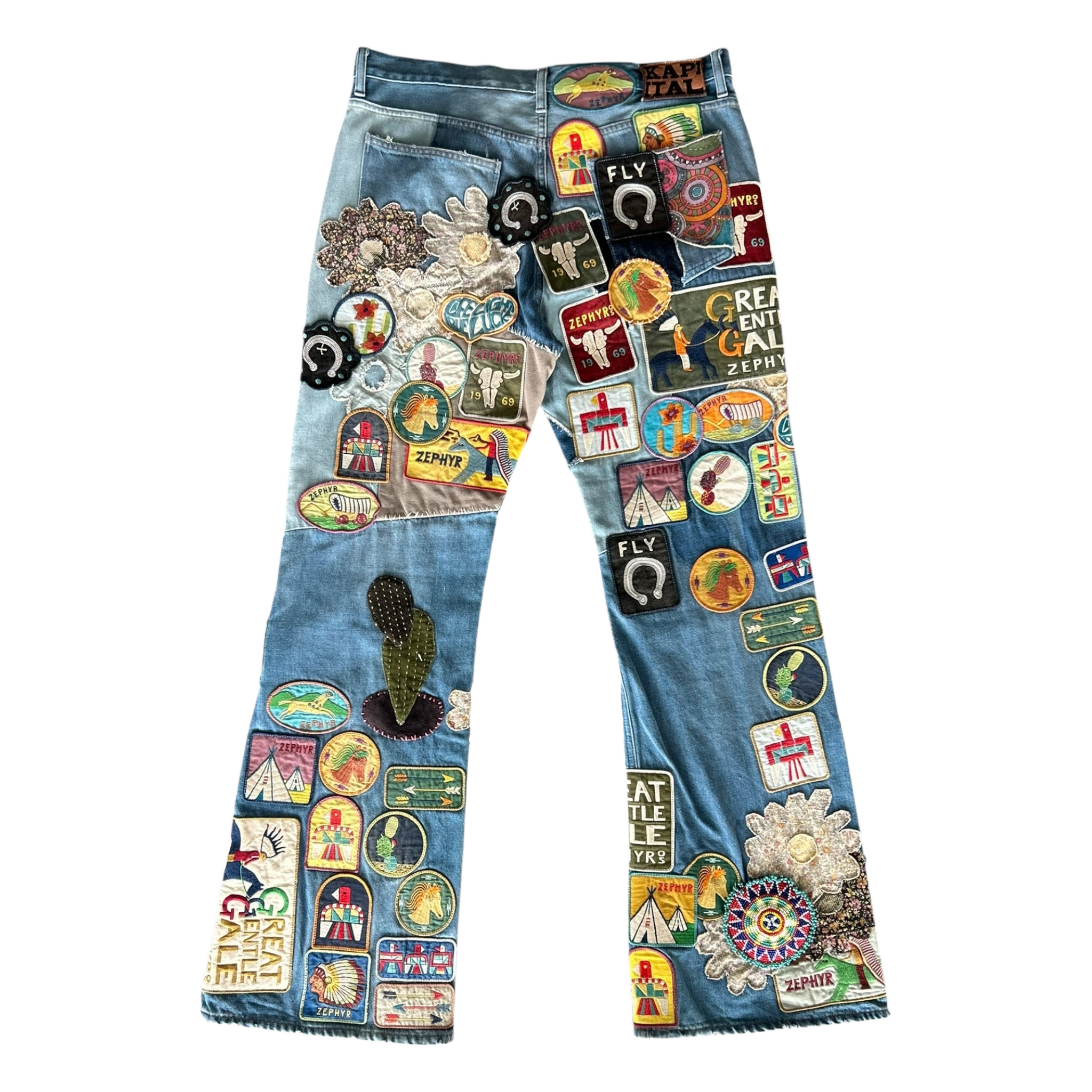 Kapital Blue Beautiful World Patch Flare Jeans - Morely TrendsKapital Type here:)