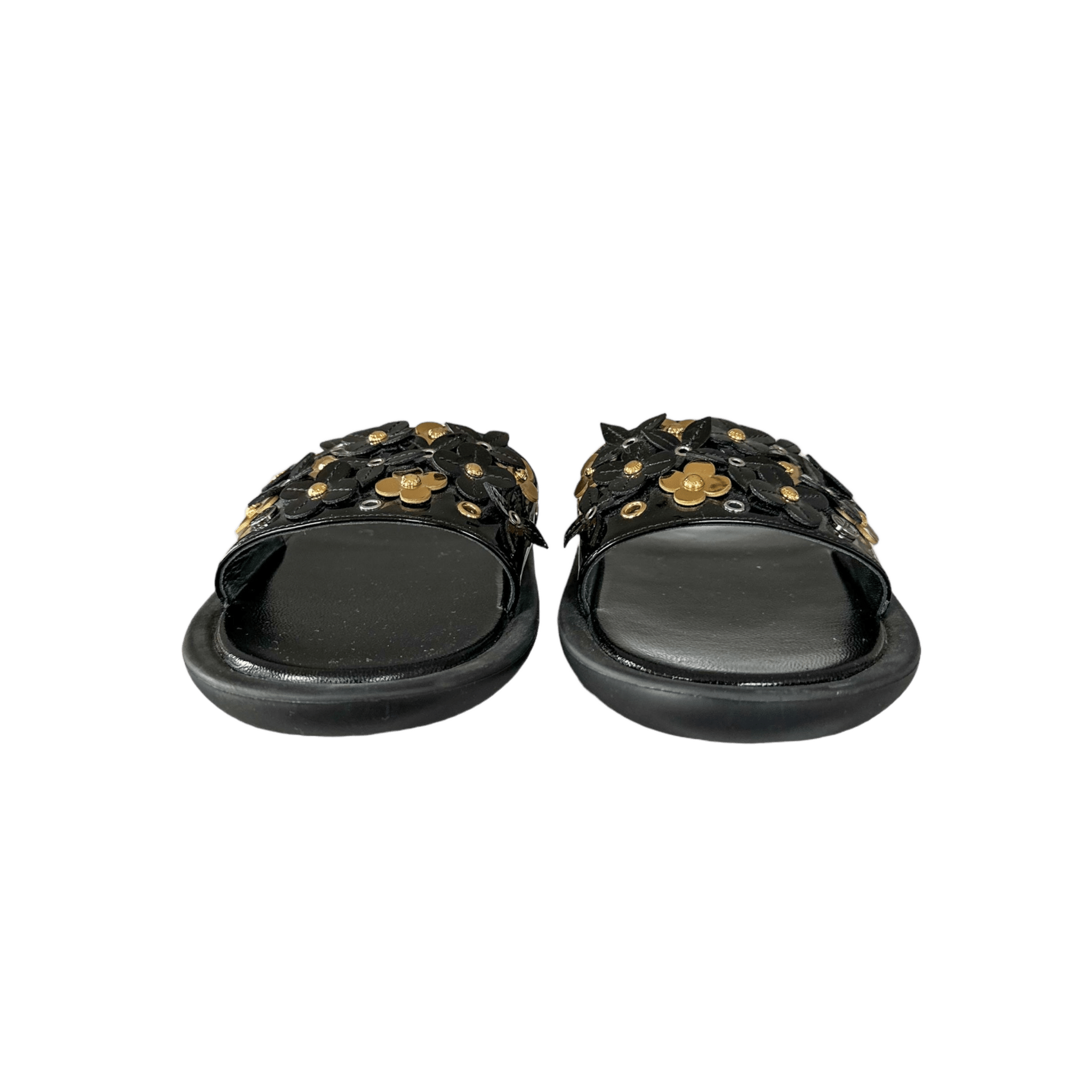 Louis Vuitton Black & Gold Sunbath Flower Women's Slides - Morely TrendsLouis Vuitton Type here:)