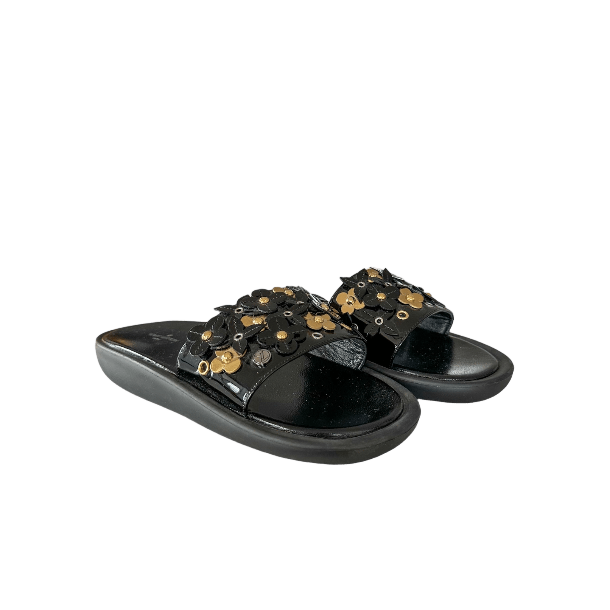 Louis Vuitton Black & Gold Sunbath Flower Women's Slides - Morely TrendsLouis Vuitton Type here:)