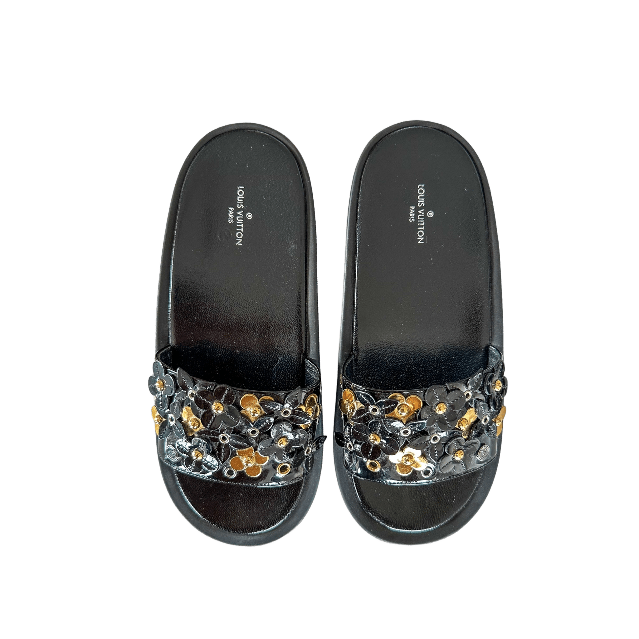 Louis Vuitton Black & Gold Sunbath Flower Women's Slides - Morely TrendsLouis Vuitton Type here:)
