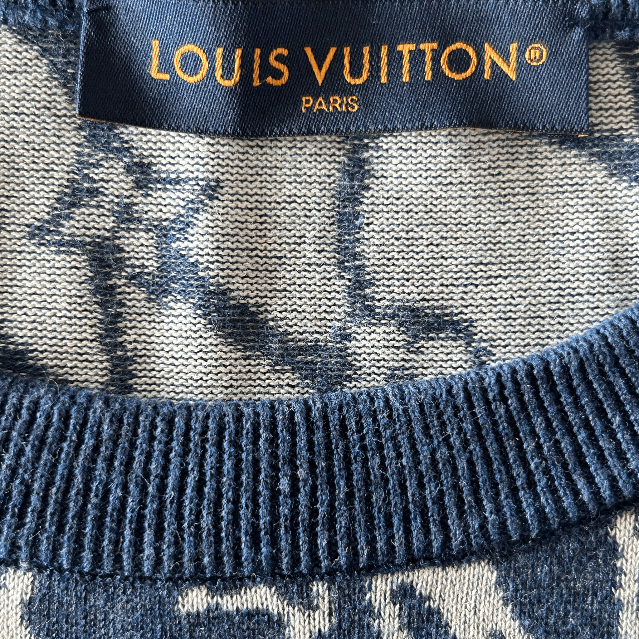 Louis Vuitton Blue & White Barb Wire Monogram Intarsia T-Shirt - Morely TrendsLouis Vuitton Type here:)