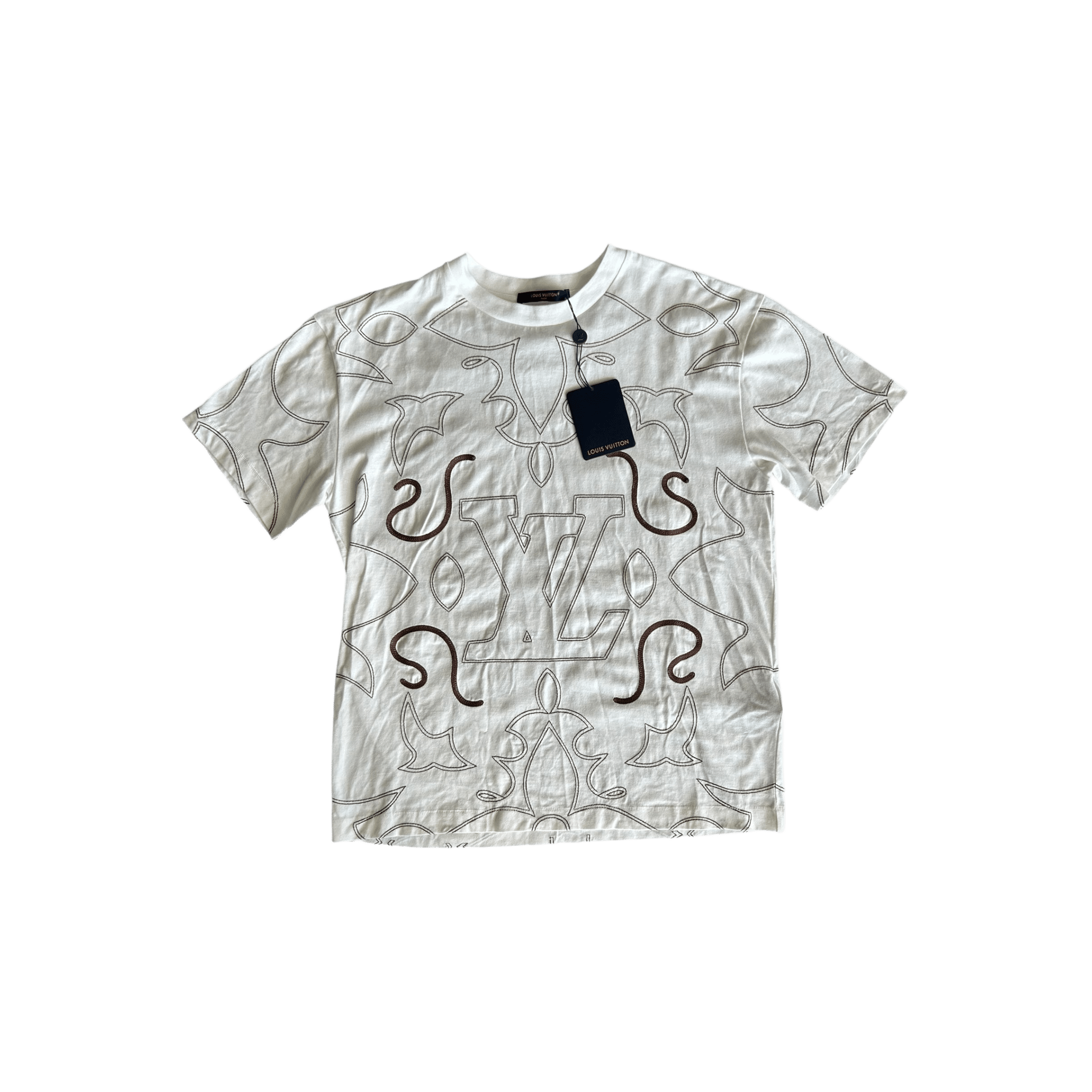Louis Vuitton White & Brown Embroidered Graphic T-Shirt - Morely TrendsLouis Vuitton Type here:)