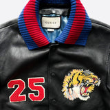 Gucci Black Tiger Head Embroidered Leather Bomber Jacket