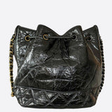 Chanel Shiny Black Calfskin Quilted Logo Bucket Bag