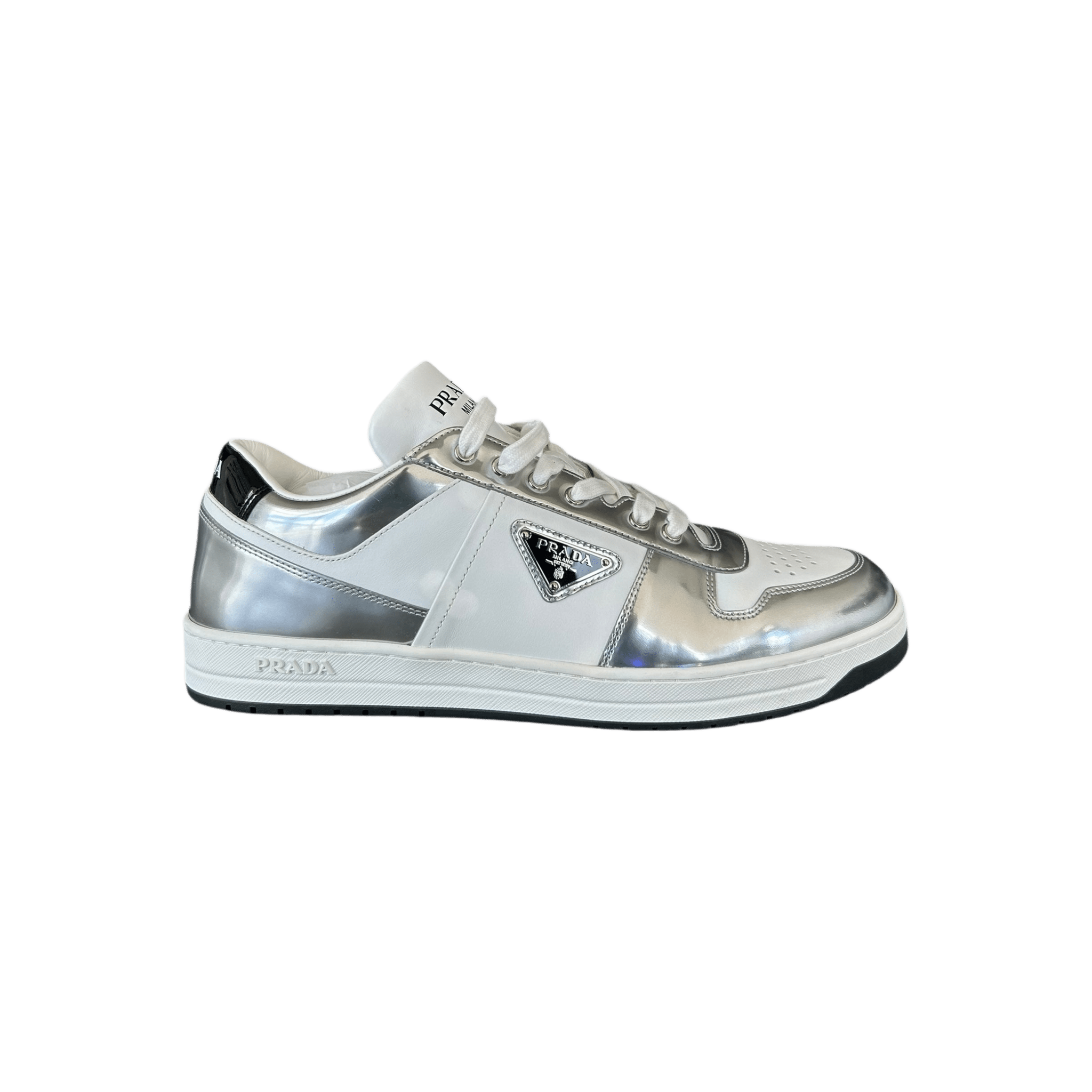 Prada White & Silver Downtown Sneakers - Morely TrendsPrada Type here:)