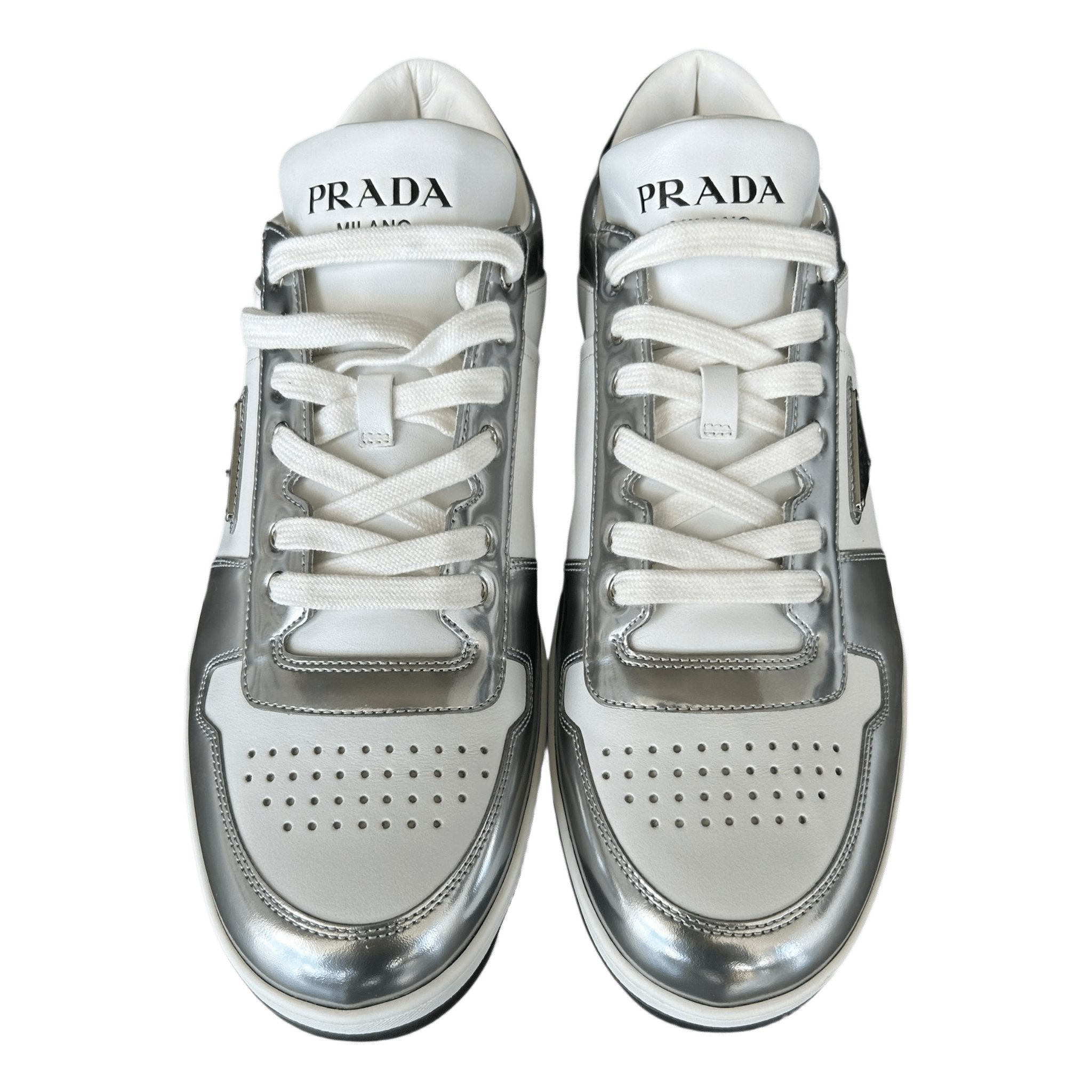 Prada White & Silver Downtown Sneakers - Morely TrendsPrada Type here:)