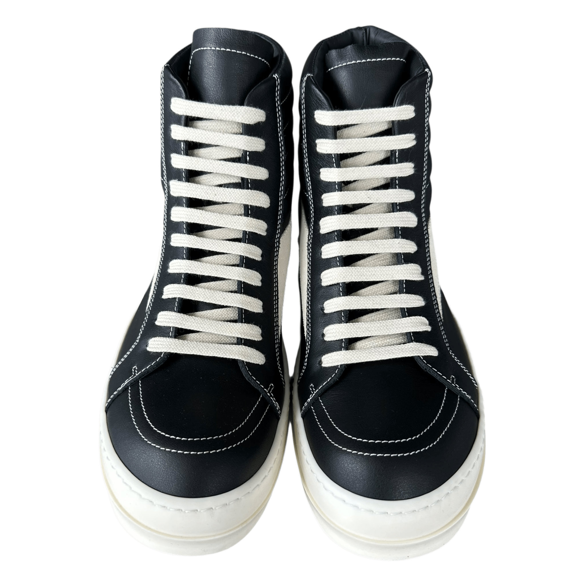 Rick Owens Black & White Leather Vintage High Top Sneakers - Morely TrendsRick Owens Type here:)
