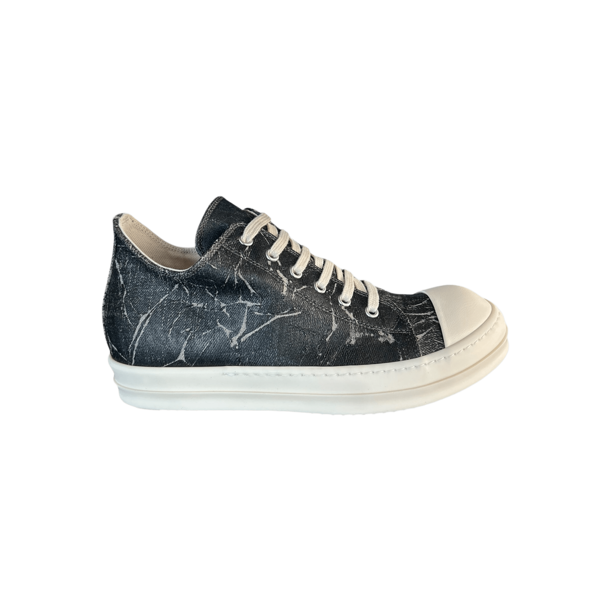 Rick Owens Black & White Washed Foil Low Top Sneakers - Morely TrendsRick Owens Type here:)