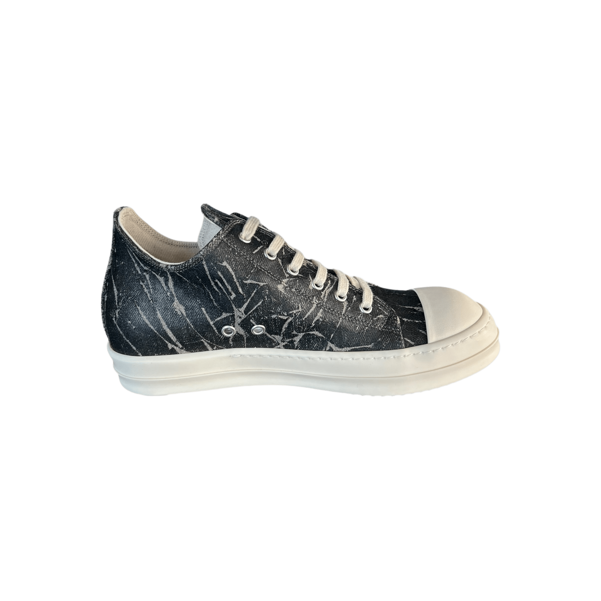 Rick Owens Black & White Washed Foil Low Top Sneakers - Morely TrendsRick Owens Type here:)