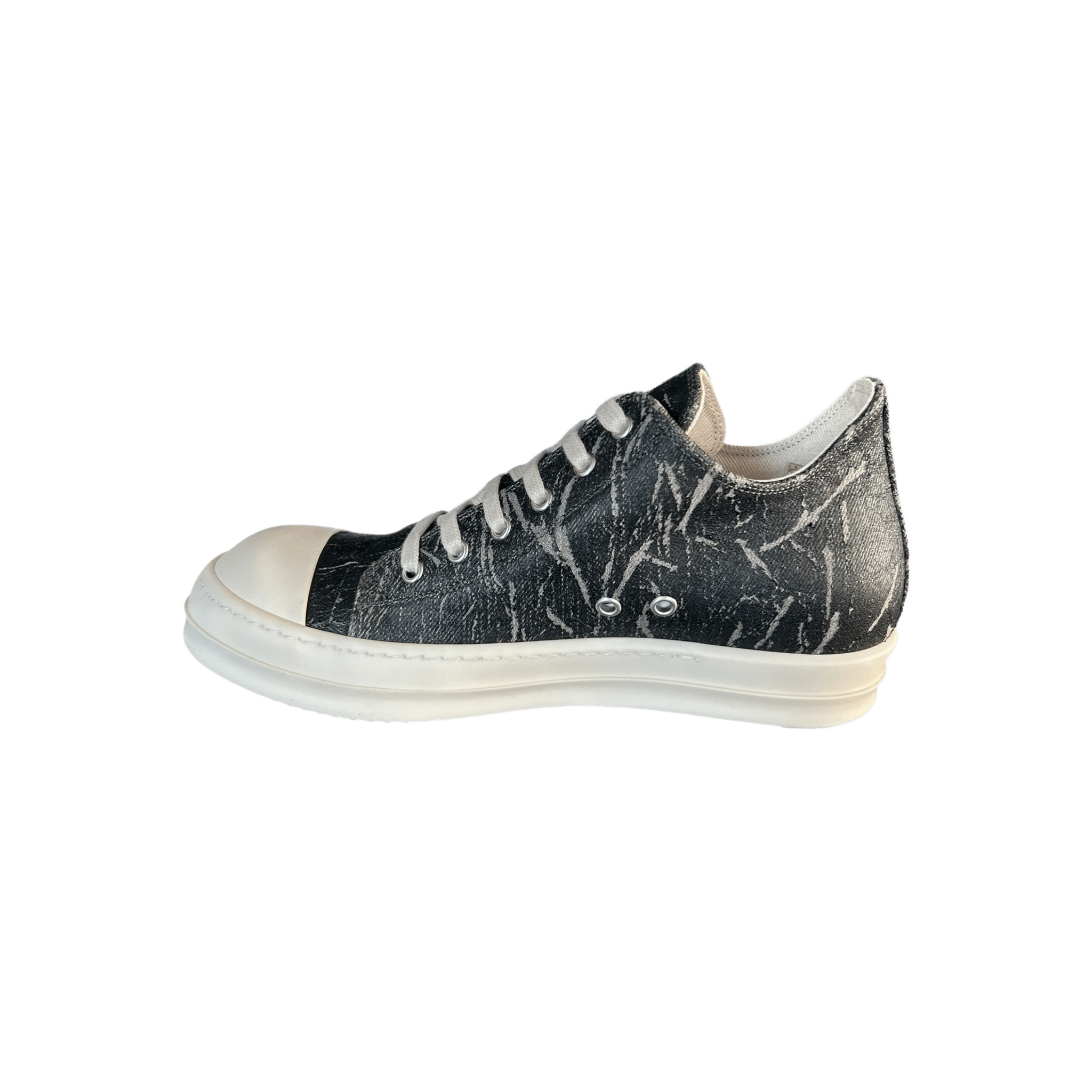Rick Owens Black & White Washed Foil Low Top Sneakers - Morely TrendsRick Owens Type here:)