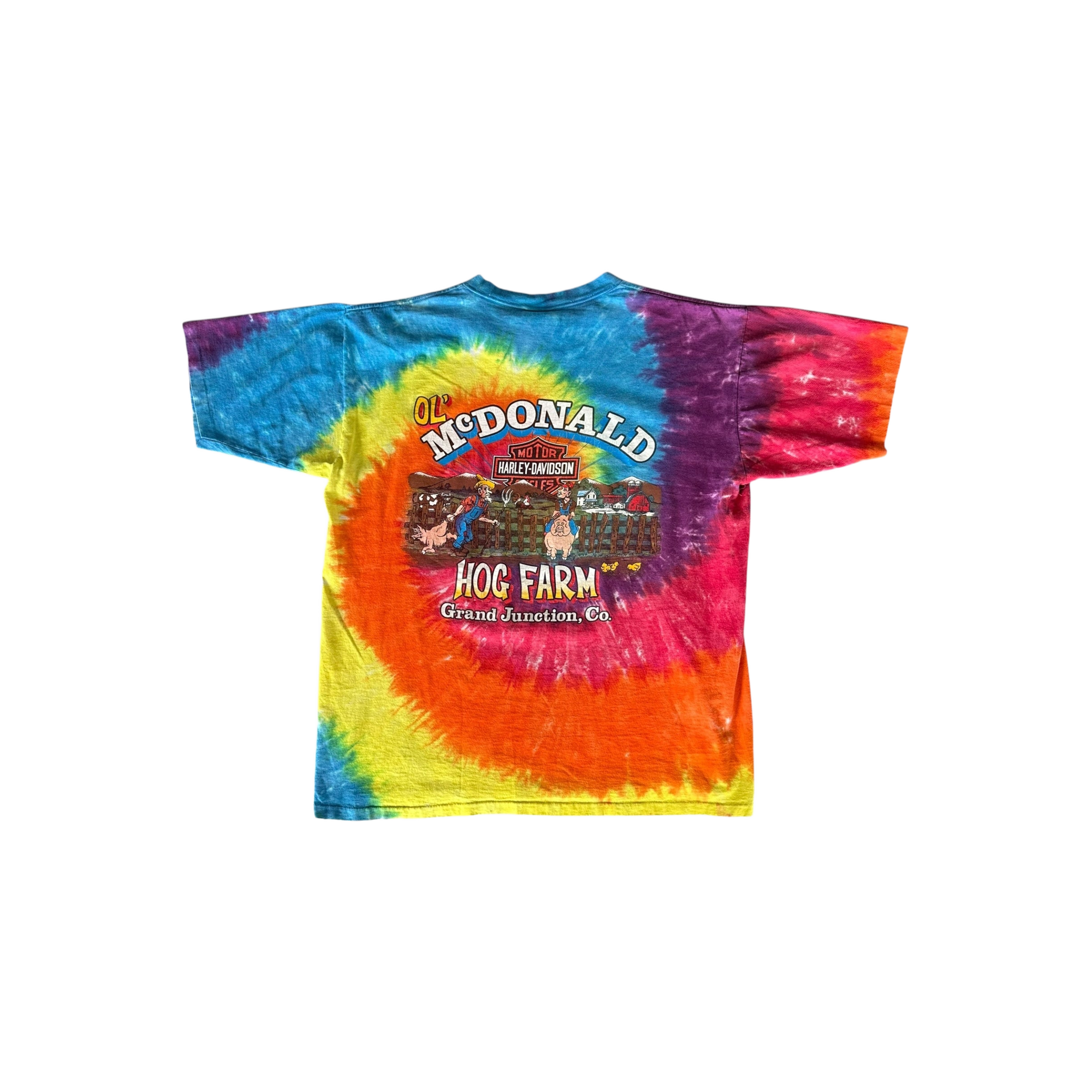 Vintage Tie - Dye Harley - Davidson Ol' McDonald Hog Farm T-Shirt - Morely TrendsVintage Type here:)