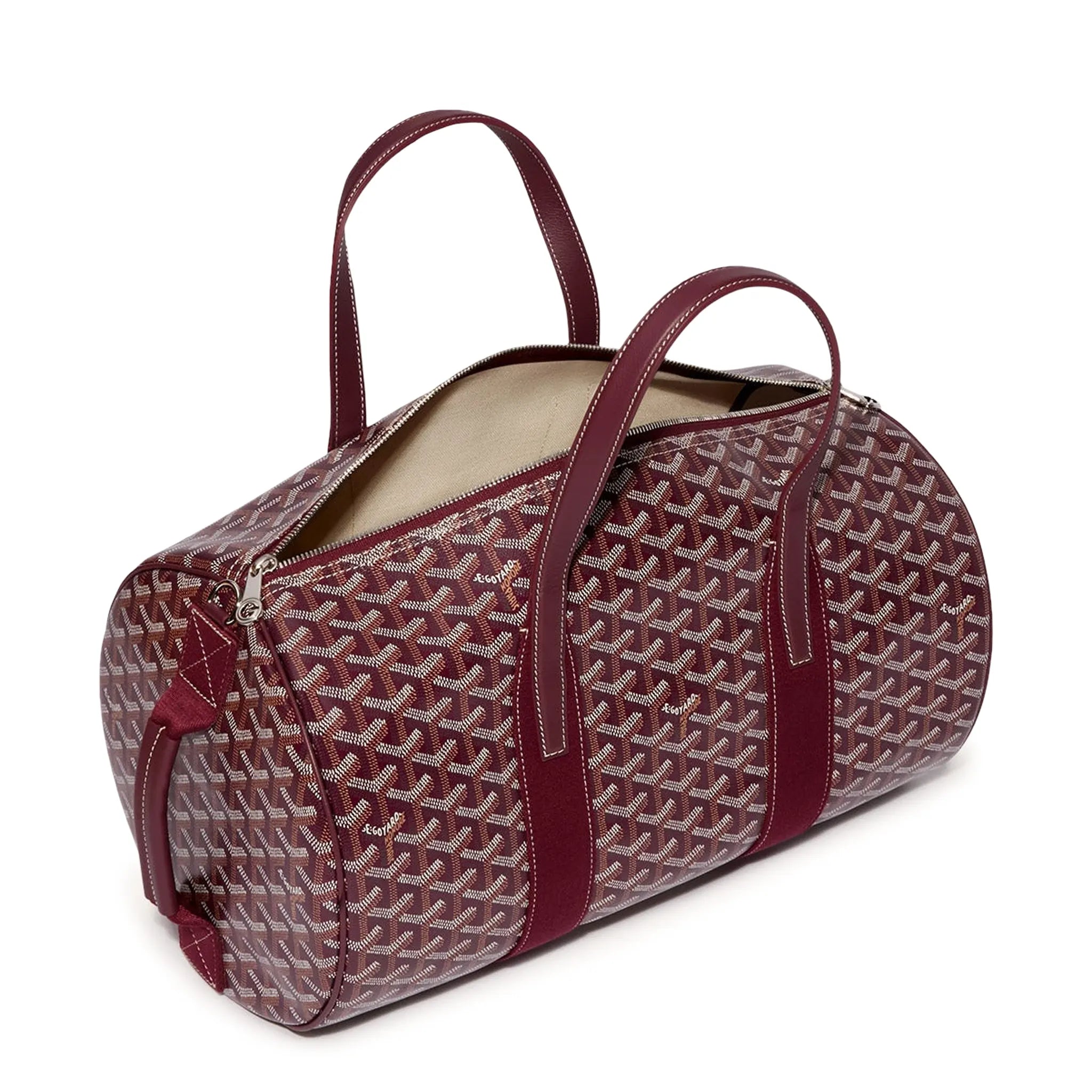 Side view of Goyard Barrel 40 Sports Bag Burgundy BARREL040TY33CL33P