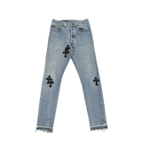 Chrome Hearts Leather Cross Patch Denim Jeans Light Blue Wash W26