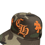Chrome Hearts CH Logo Leather Cross Patch Snapback Cap Camo Orange